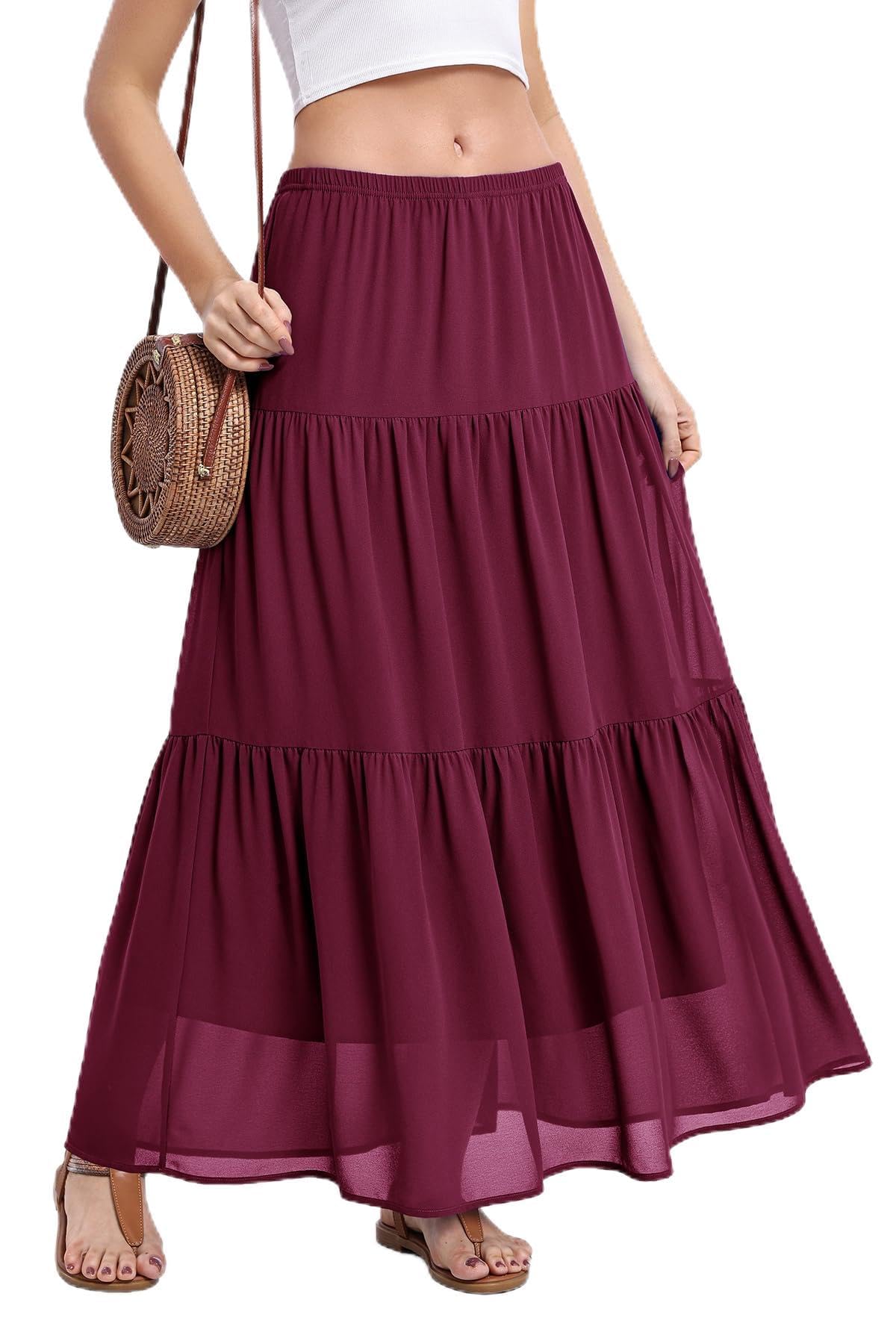 BEIGAI Rock Damen Sommer Elegant Hohe Taille Maxirock Lang Freizeitrock | Leicht Fließend A-Line Sommerrock, Elastischer Bund, Bohemien, Casual, für Alltag und Urlaub