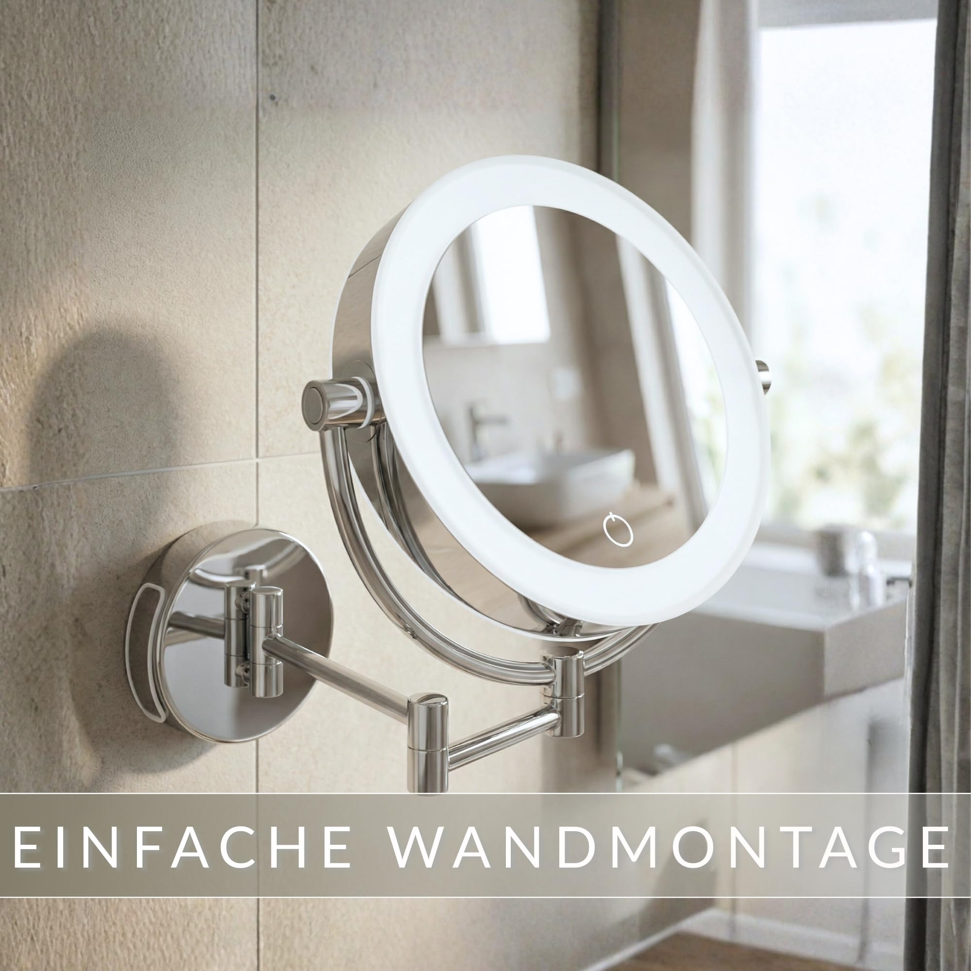 Kosmetikspiegel XXL Tokio – LED Schminkspiegel 5x/10x Vergrößerung – Wandmontage mit Dimmer & Auto-Off – ausziehbarer Beautyspiegel Ø 18,5 cm – Betrieb mit Batterien oder USB-Kabel