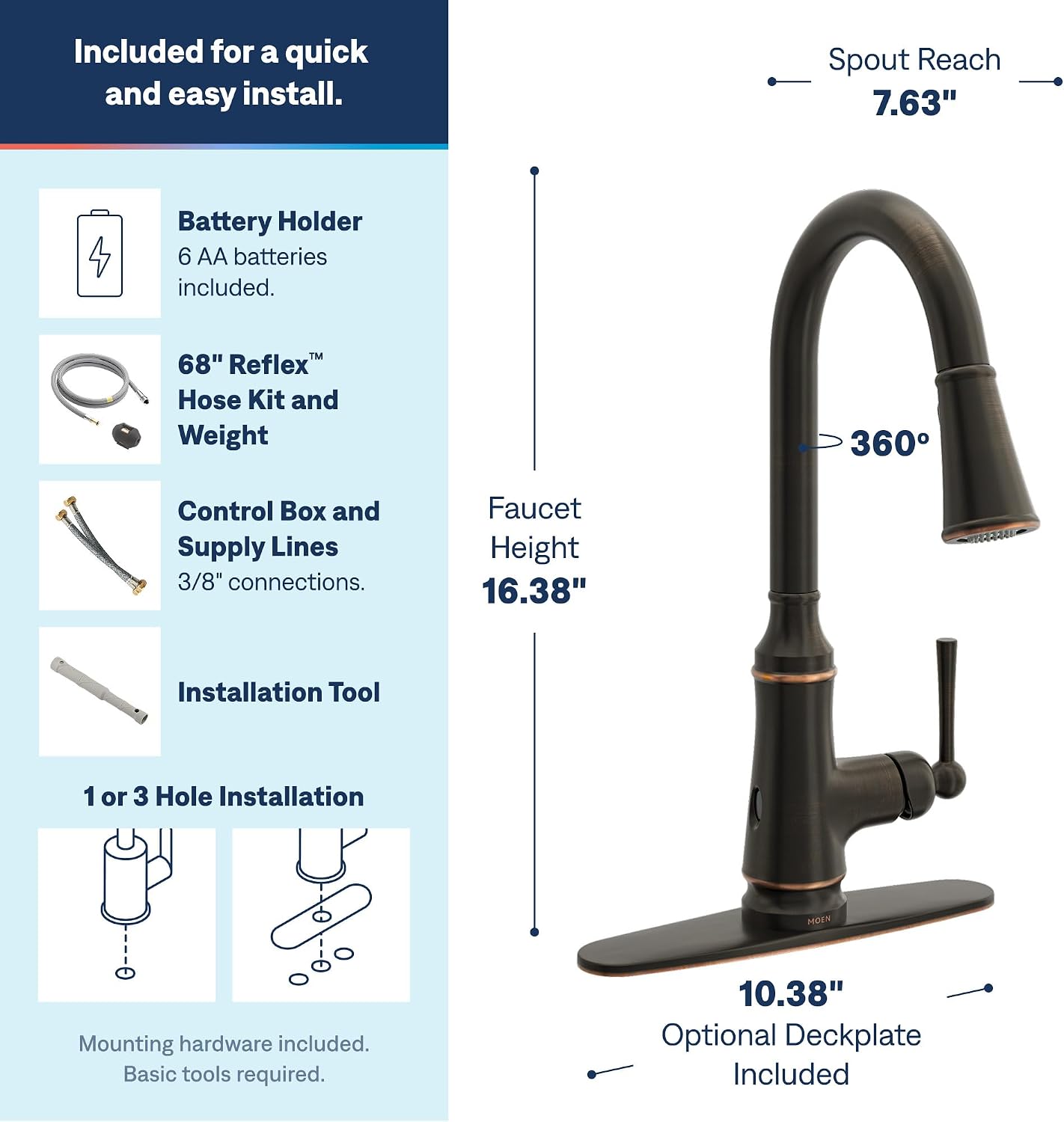 Diagram showing Moen Jaslynn Faucet dimensions and installation options for 1 or 3 holes.