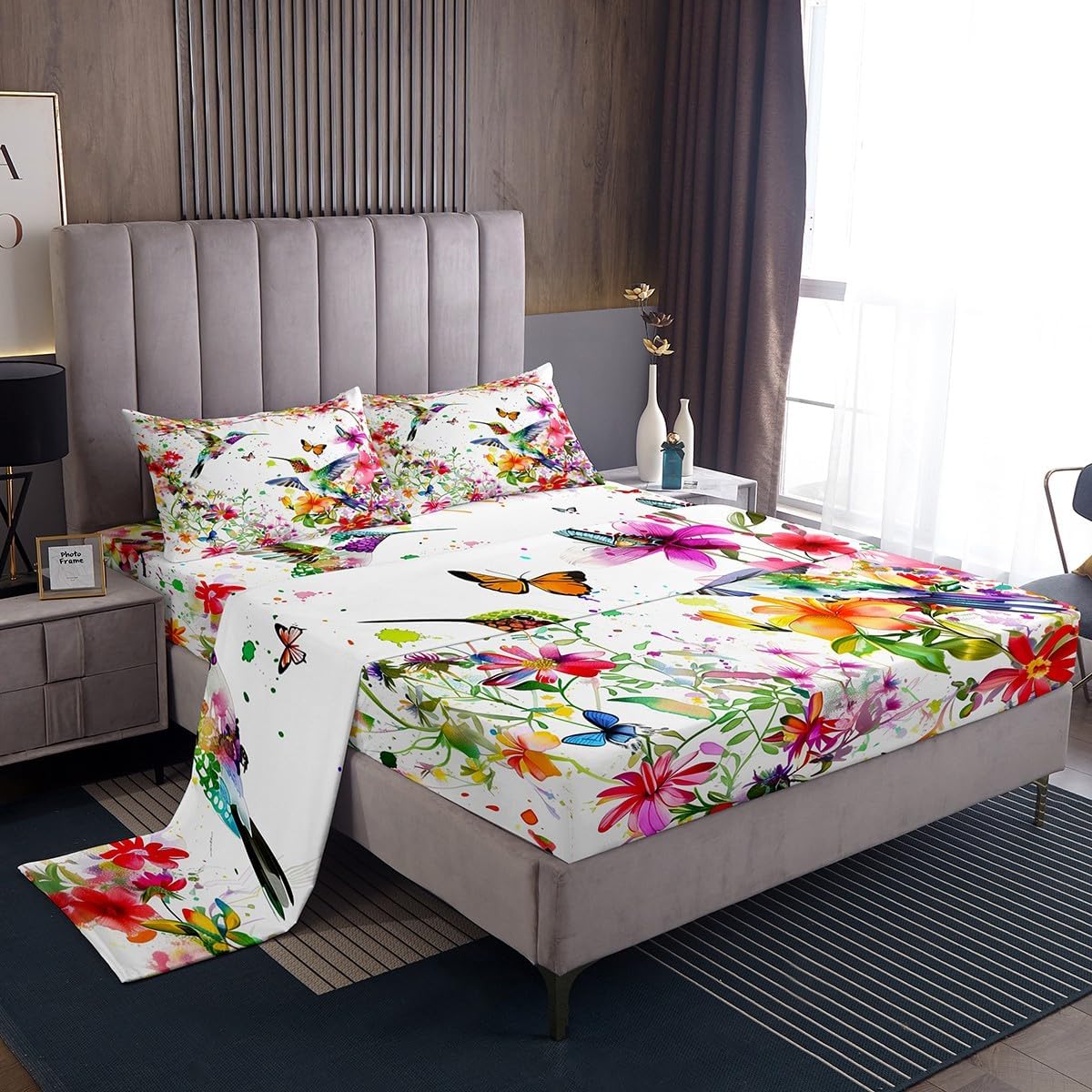 Feelyou Hummingbird Sheet Set King Size Kids Floral Butterfly Sheets with Deep Pocket Fitted Sheet for Boys Girls Teens Garden Flower Tropical Birds Bed Sheets Set Romantic Bedding Set