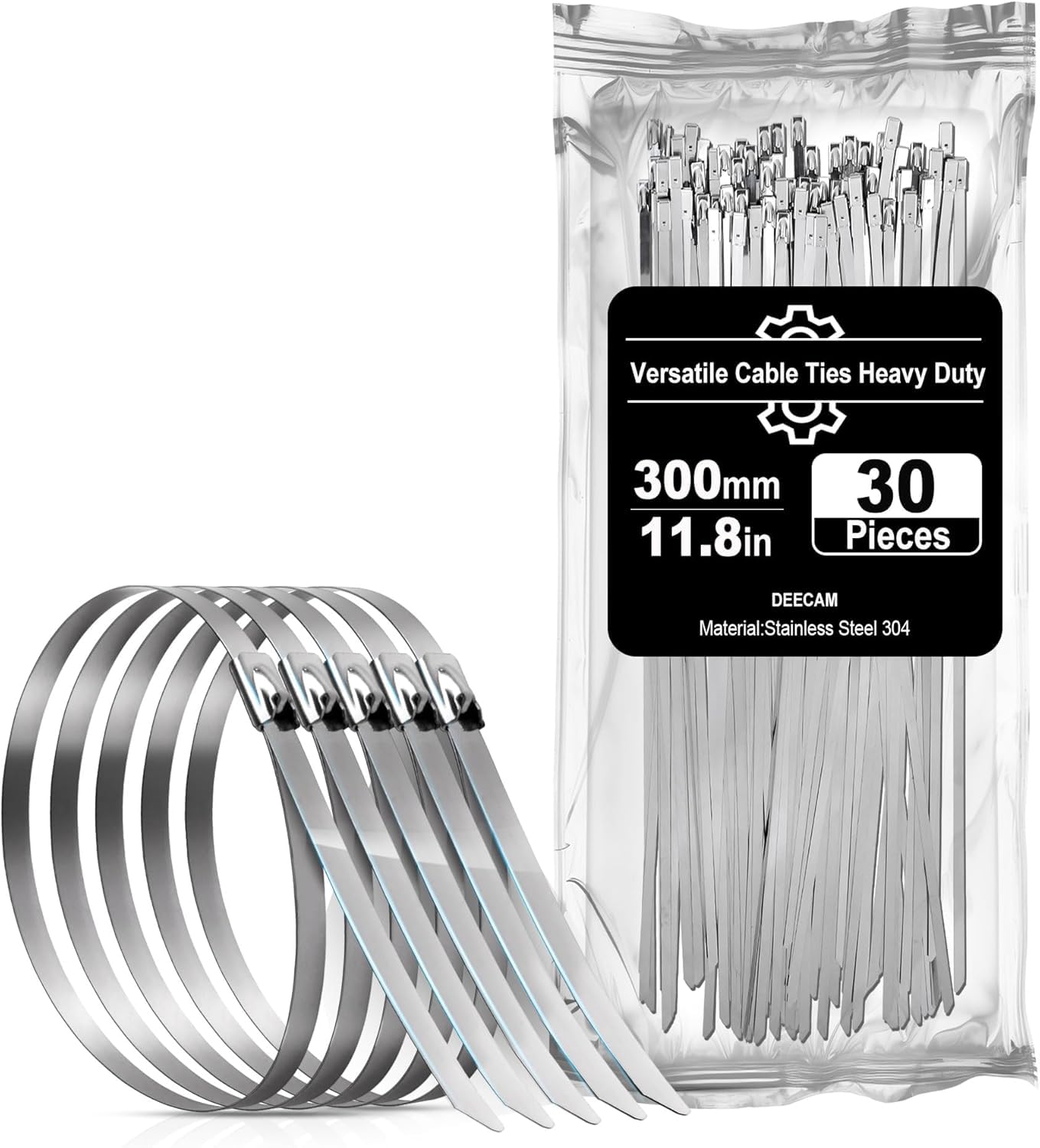 Stainless Steel Cable Ties, Deecam 30 Pcs 7.9×300mm Metal Cable Tie, 304 Stainless Zip Ties with Steel Ball Stopper, Suitable for Exhaust Wrapping, Binding Tie, Garden Repair and Fixed Fence(30 Pcs) — image 1