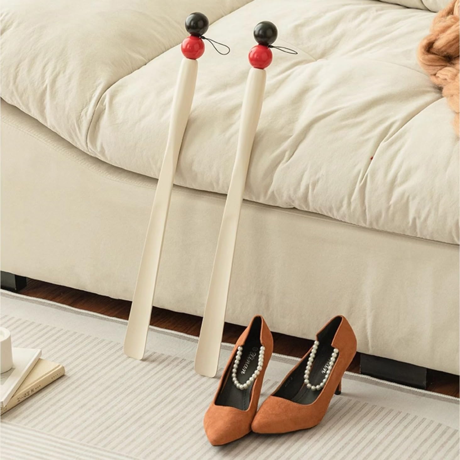 Calzascarpe Calzascarpe in stile crema con manico lungo, manico for scarpe in legno massello for uso domestico, calzascarpe da ingresso, alzascarpe, calzascarpe da soggiorno Strumento Calzascarpe