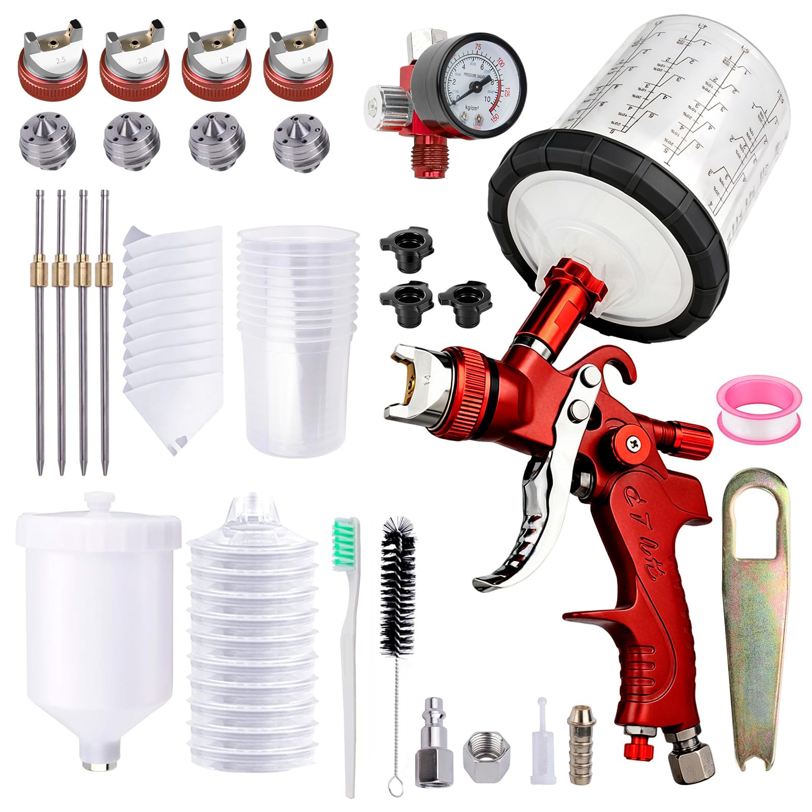 HVLP - Pistola de pulverización con kits de 4 boquillas de 1.4/1.7/2.0/2.5 mm, pistolas de pintura automotrices con 2 tazas, 10 vasos de pintura desechables de 650 ml, pistola de pulverización de