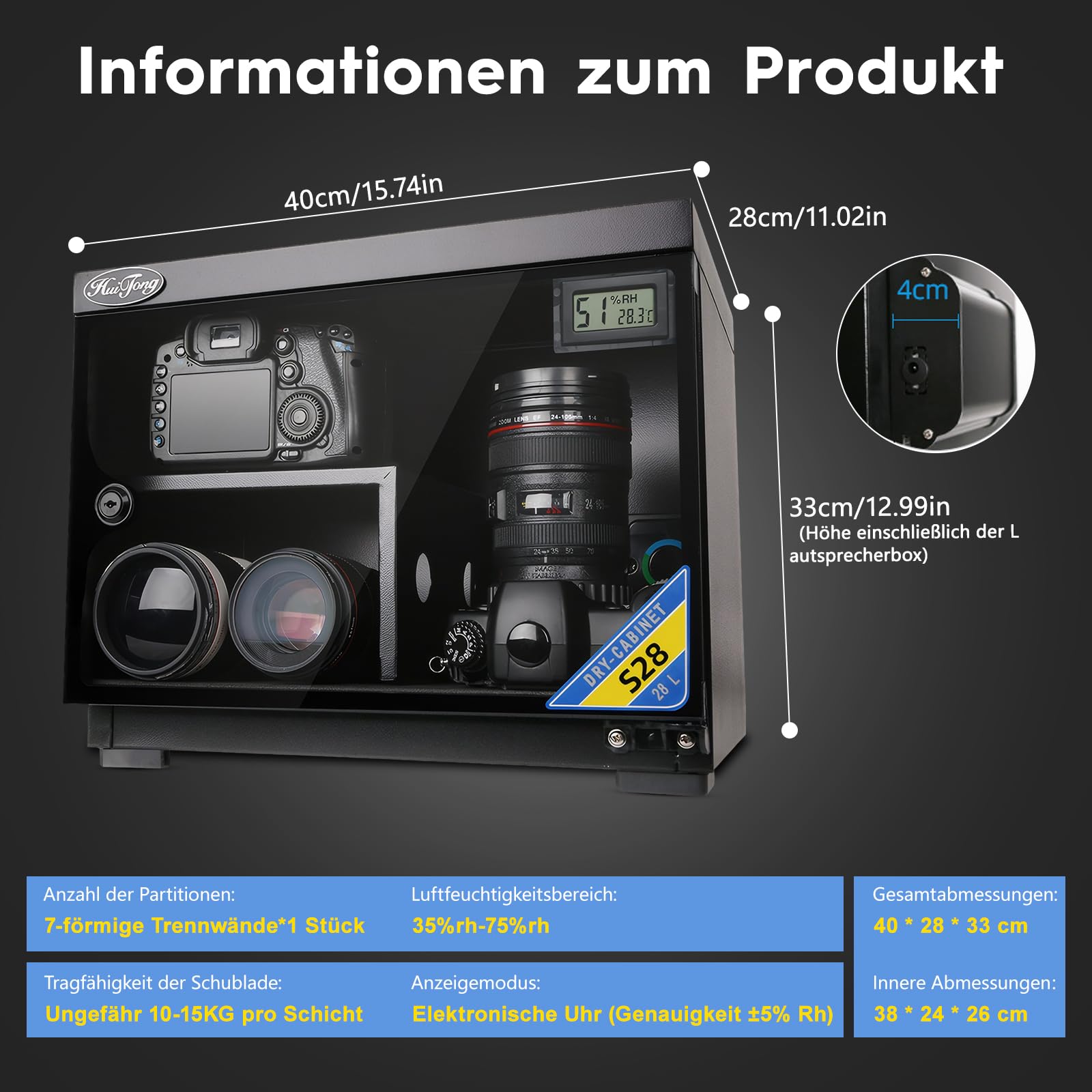 Armoire sèche étanche à l'humidité pour appareil photo avec lumières LED 28 L