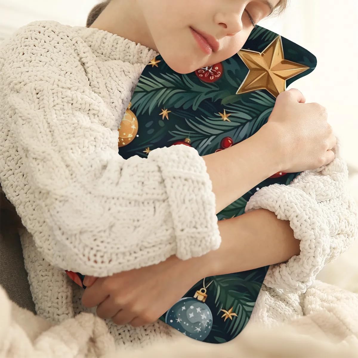 Hot Water Bottle with Soft Cover,2L Christmas Bell Star Hot Water Bag for Hot and Cold Compress, Hand Feet Warmer, Rubber Hot or Cold Water Bottle Halloween Christmas Decorations