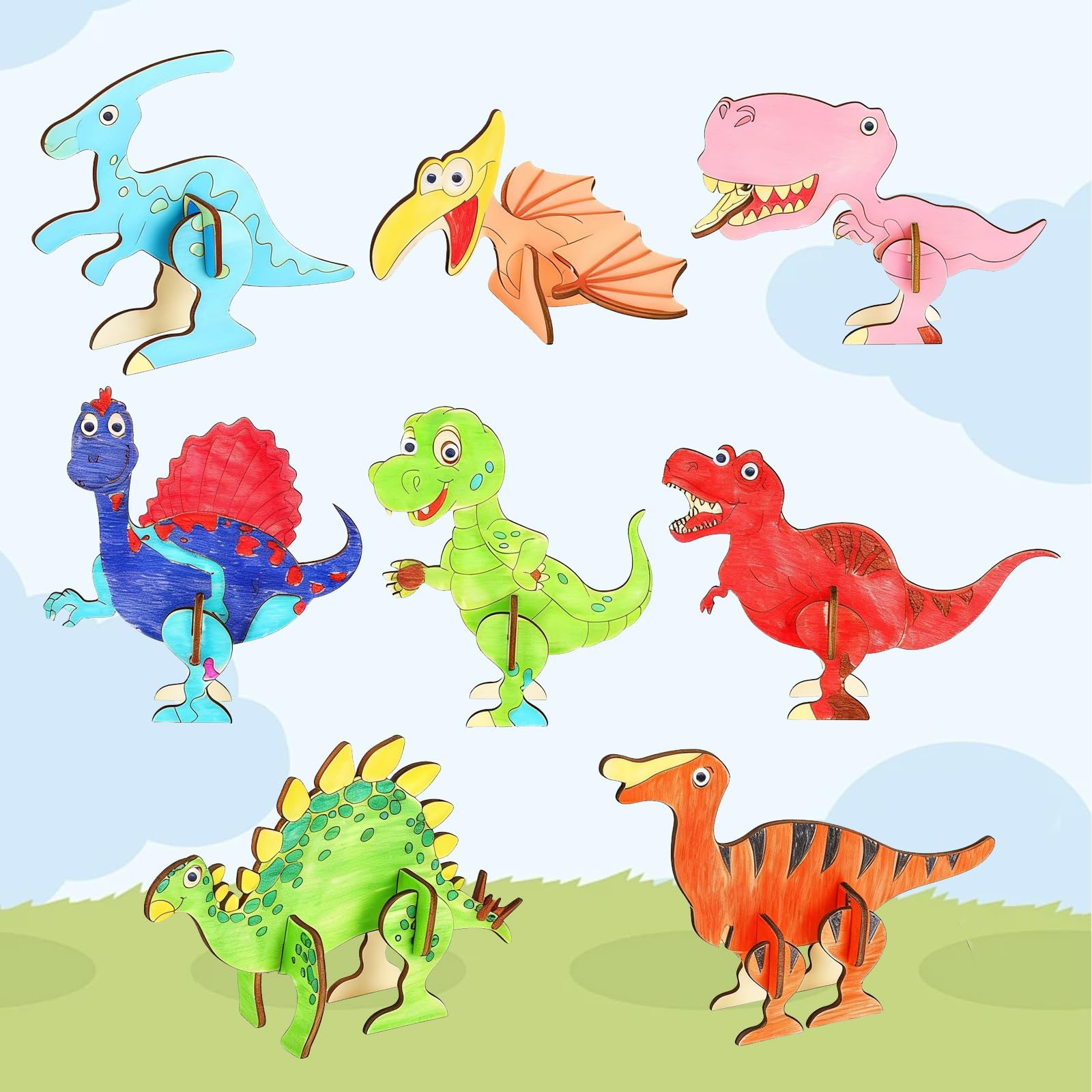 Pynzeka 16 piezas de conjuntos de manualidades de dinosaurios de madera, rompecabezas 3D de madera para pintar, juguetes creativos para pintar, manualidades para cumpleaños