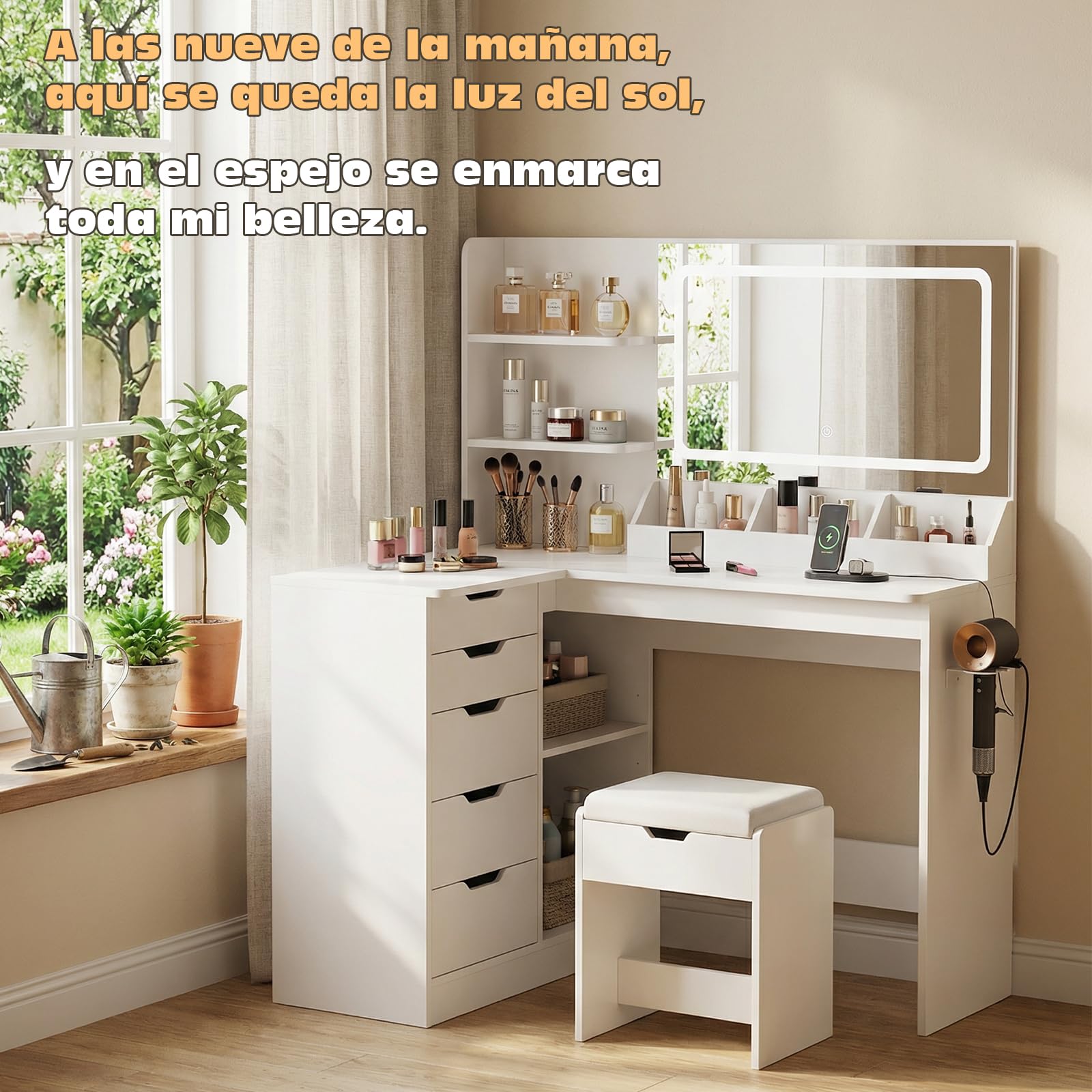TRIUMPHKEY Tocador de Esquina con Espejo, Mesa de Maquillaje con Luces LED Brillo Ajustable con Enchufes, Soporte para Secador, 5 Cajones, Estante Abierto, Armario Lateral, Moderno, Blanco
