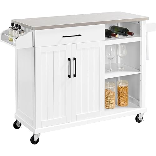 Yaheetech Kitchen Island Cart with Stainless Steel Top, Rolling Storage Cabinet on Wheels with Drawer& Wine Rack & Spice Rack, Sideboard Buffet with Towel Bar, White