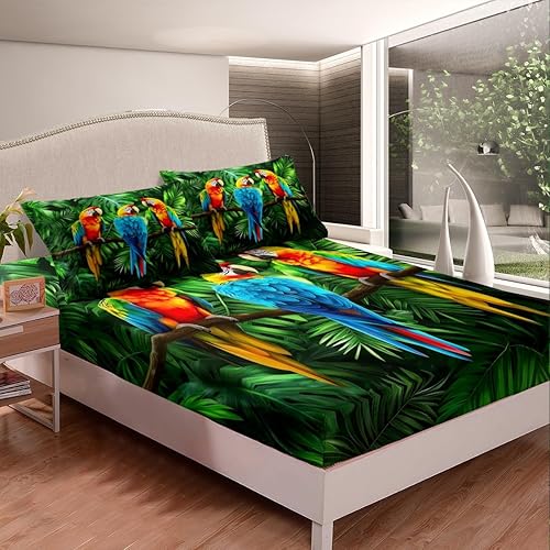 Miniatura 2 de Erosebridal Parrot Sábana bajera ajustable tamaño doble acuarela animal pluma juego de funda de cama de hoja de palma aves tropicales con bolsillos