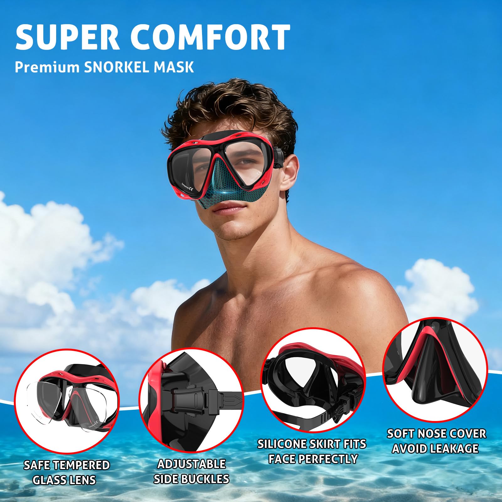 Tauchmaske Erwachsene, Tauchmaske, Schnorchel, Schwimmbrille mit Nasenabdeckung für Jugendliche, Freitauchmaske, Panorama-HD-gehärtetes Glas, Schnorchelausrüstung, Anti-Beschlag-Anti-Leckage