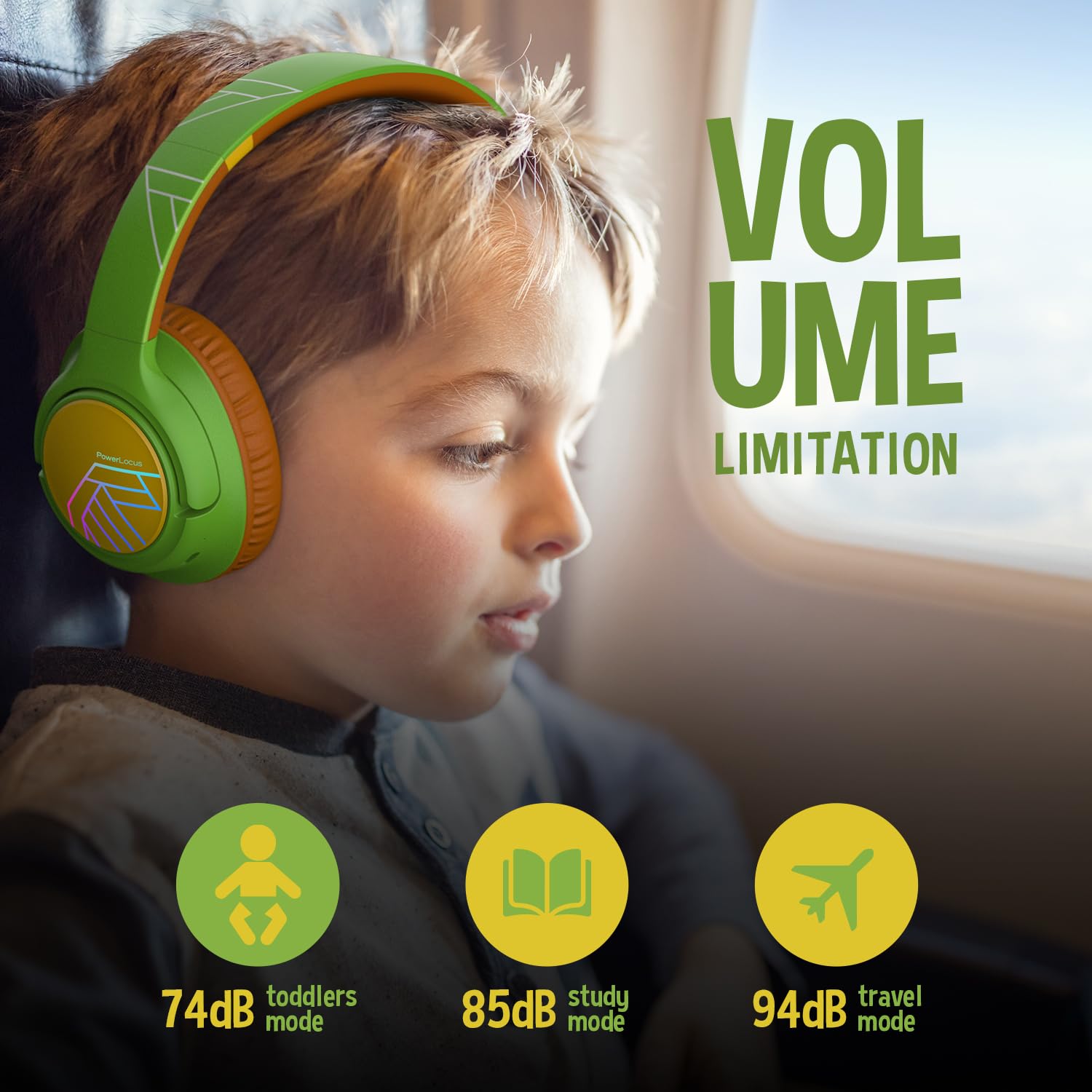 PowerLocus Cuffie Bluetooth per Bambini, Cuffie Wireless per Ragazzi, 74/85/94dB Limite di Volume, Luci a LED, Cuffie Over Ear Pieghevole Senza Fili con Microfono, Collegare 2 Cuffie a Un Dispositivo