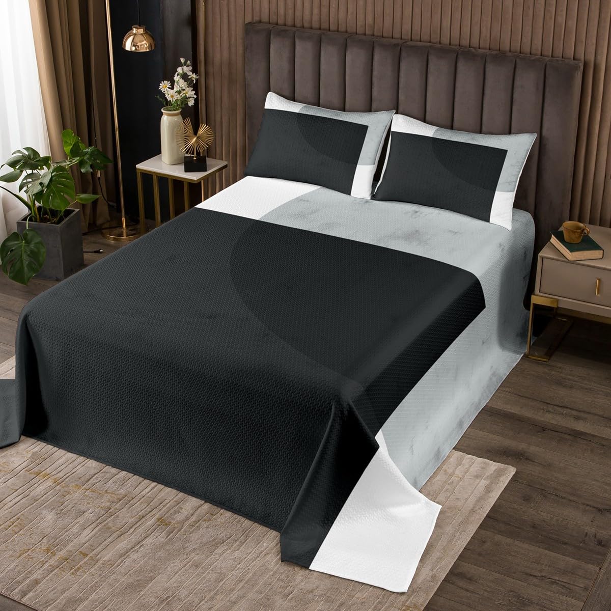 jejeloiu Coal Black and Gray Geometric Bedspread Queen Size Kids Modern Abstract Coverlet Set Teens Modern Art Quilted Coverlet Breathable Soft Lightweight Geometry Room Decor