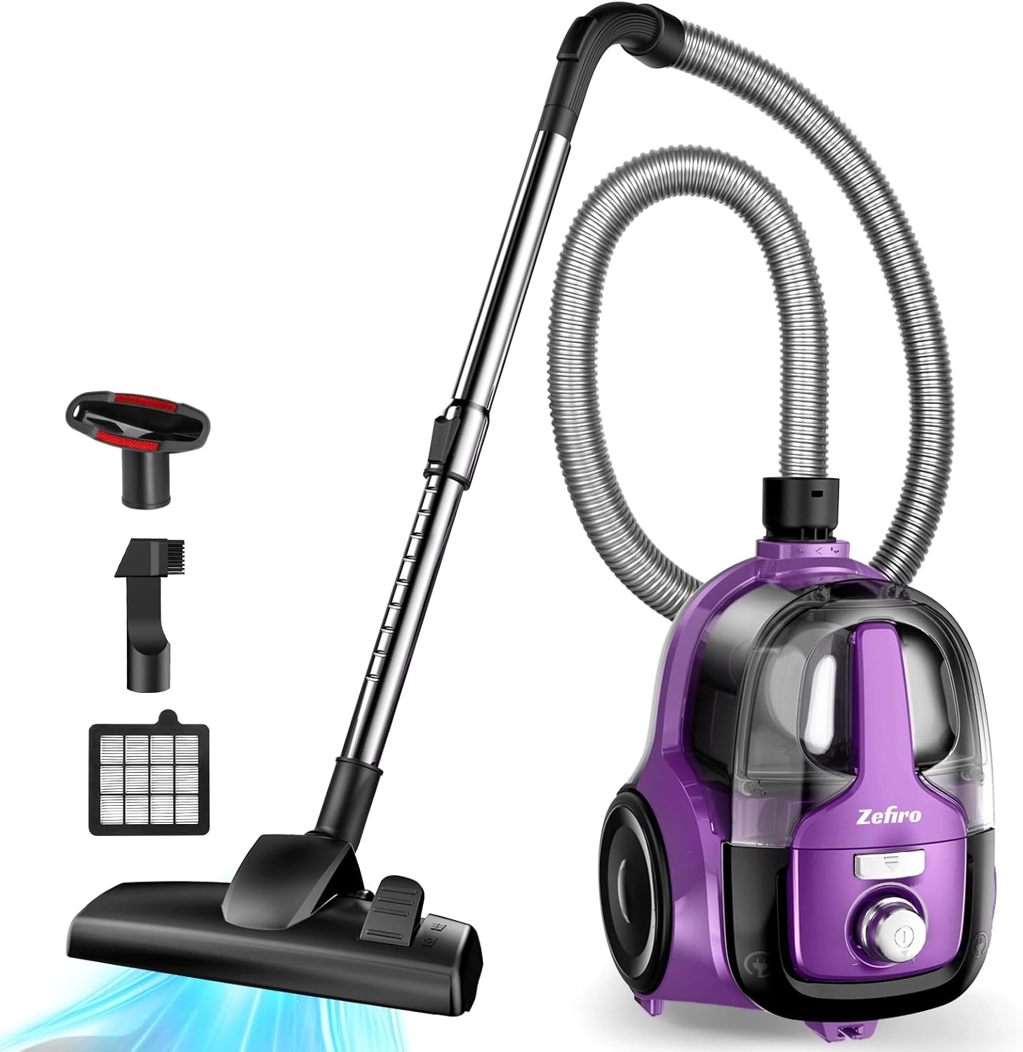 Zefiro Canister Vacuum, Upgraded 1600W Bagless Canister Vacuum Cleaner, Auto Cord Rewind, Washable HEPA Filter, XL Dust Cup, Tools for Hard Floors, Carpet, Pet, Upholstery, Tiles, Car, Purple C2 Black Purple C2