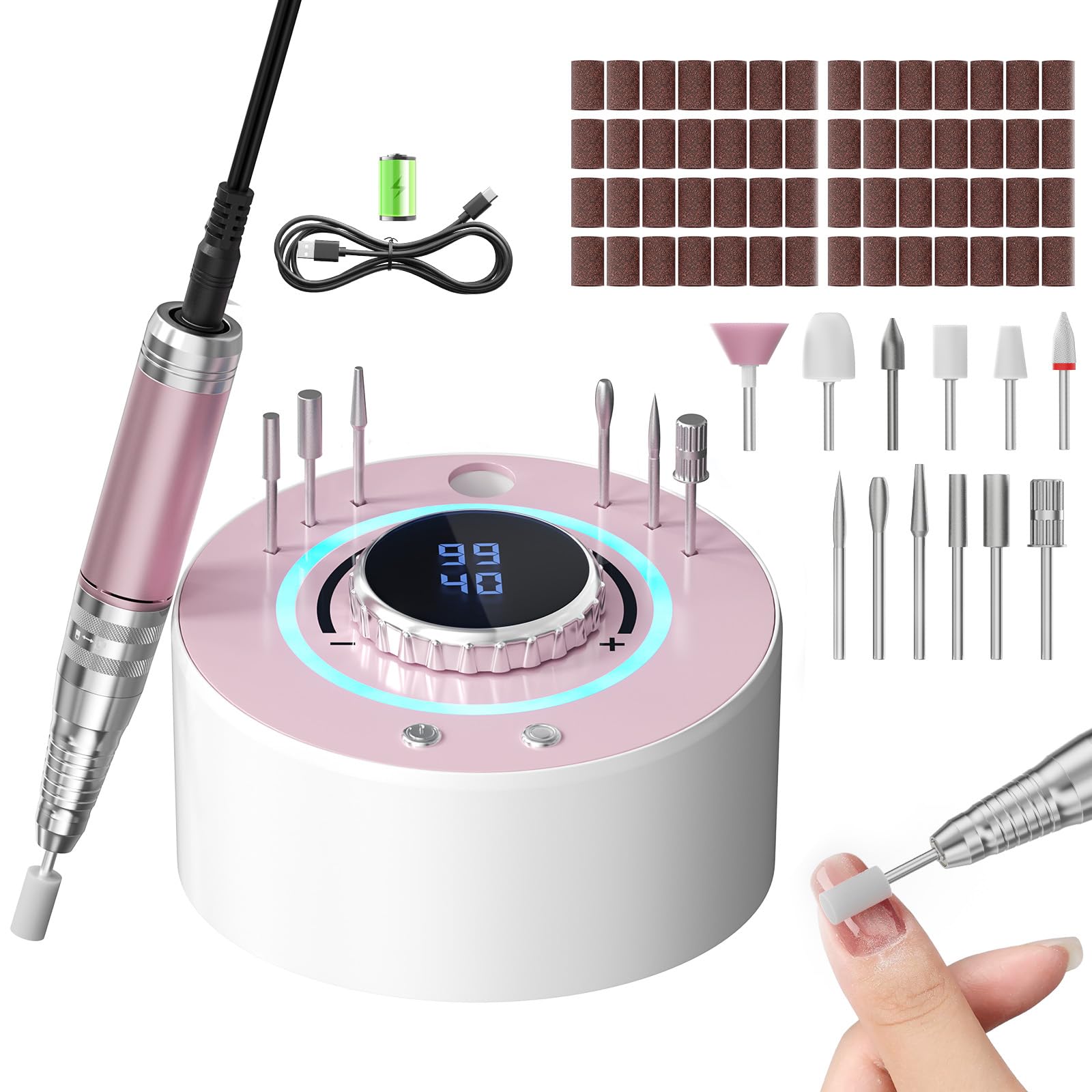 Professionelles Elektrisches Nagelpoliergerät 36000 U/min, 4000mAh kabellos, leise 20dB mit 12 Aufsätzen & Digitalem Display für Maniküre und Pediküre (Rund - Rose)