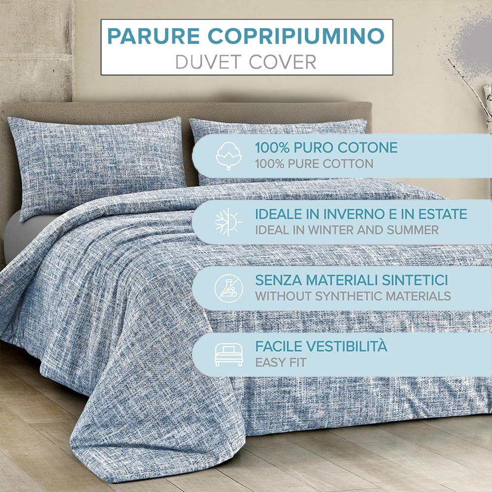 Dorian Home, Parure Copripiumino Singola 155 x 210, Realizzato in 100% Morbido e Puro Cotone, Made in Italy, Fantasia Canva Blu