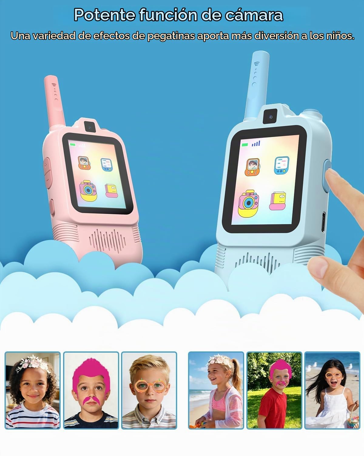 CloudValley Walkie-Talkies con Video para Niños, Paquete de 2, Recargables, Cámara Dual, Emparejamiento Uno a Uno, Alcance 580 M, Ideal para Familia y Niños/Niñas de 3 a 12 Años (Azul/Rosa)