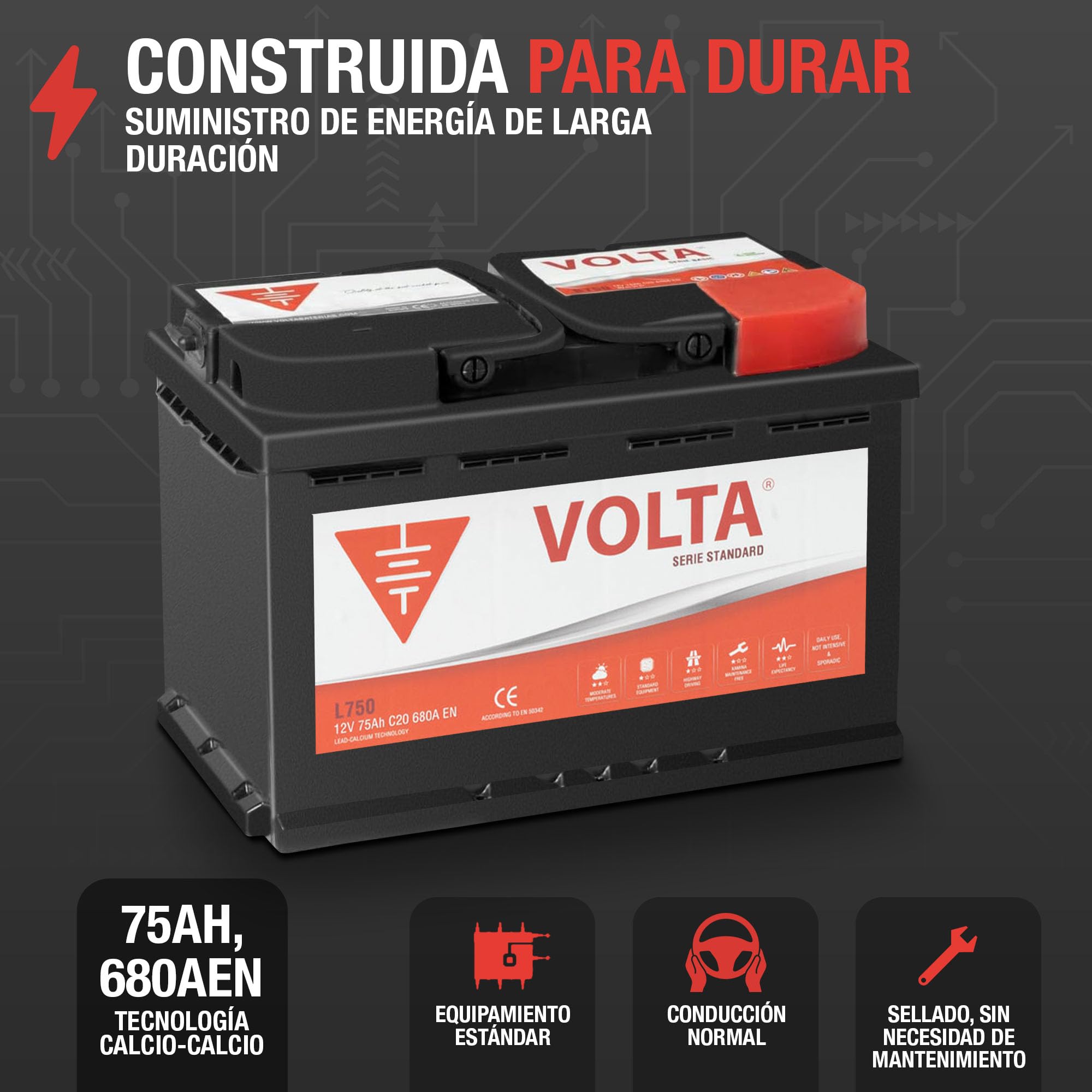 Bateria de Coche 75Ah 680A - Volta L750D - Borne +Dcha - Medidas Largo 278 x Ancho 175 x Alto 190 mm con 2 años de Garantía - Fabricación Europea.