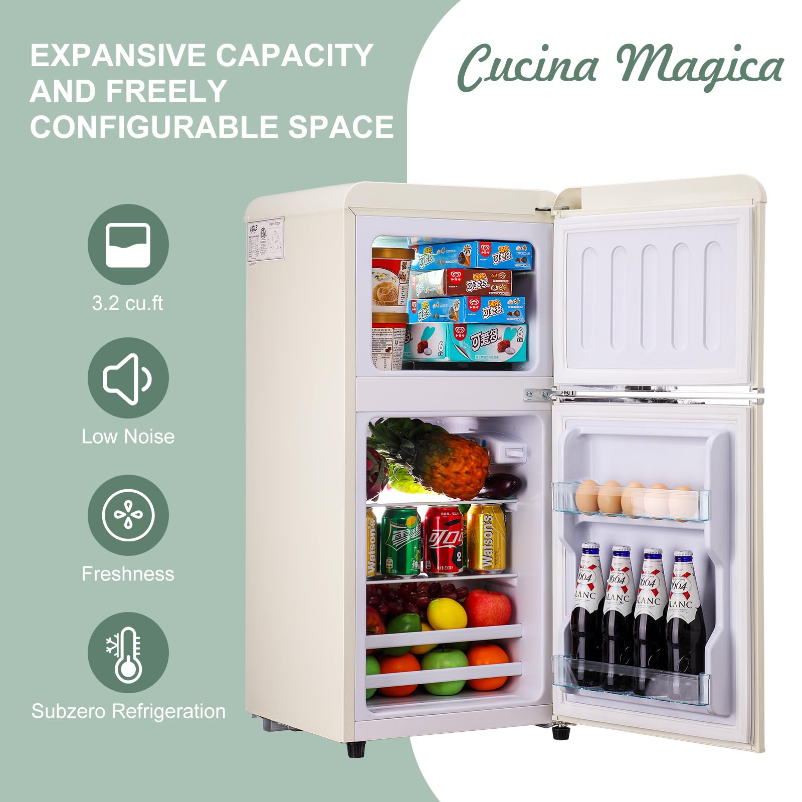 Cucina Magica Mini Fridge With Freezer, 3.2 Cu.Ft Mini Fridge, Retro Small Refrigerator With Adjustable And Removable Double Doors, Suitable For Office, Bedroom, Dormitory Or Cabin, Cream on Fridge.com - View 5