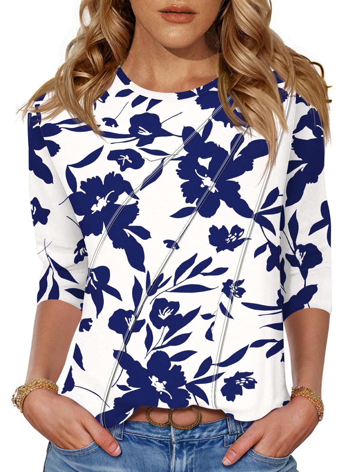 Kistore 3/4 Length Sleeve Shirts for Womens Pleated Summer Tops 2025 Fasion Trendy Spring Blouses — view 12