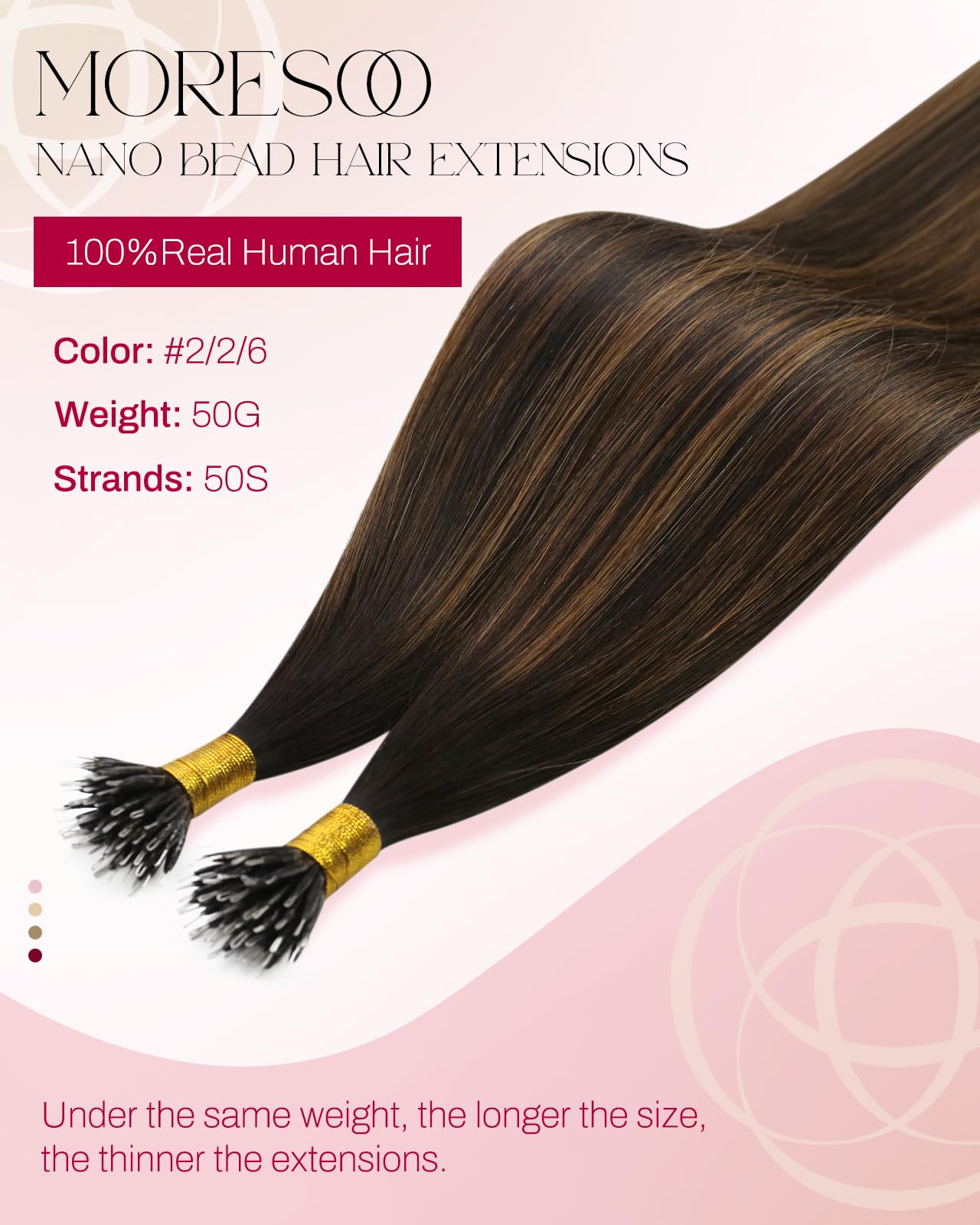 Moresoo Nano Hair Extension Real Human Hair 16 Inch Balayage Darkest Brown and Chestnut Brown Nano Ring Hair Extensions Cold Fusion Remy Human Lightweight for Daily Use 1g/s 50g/Pack #2/6/2 - Image 2