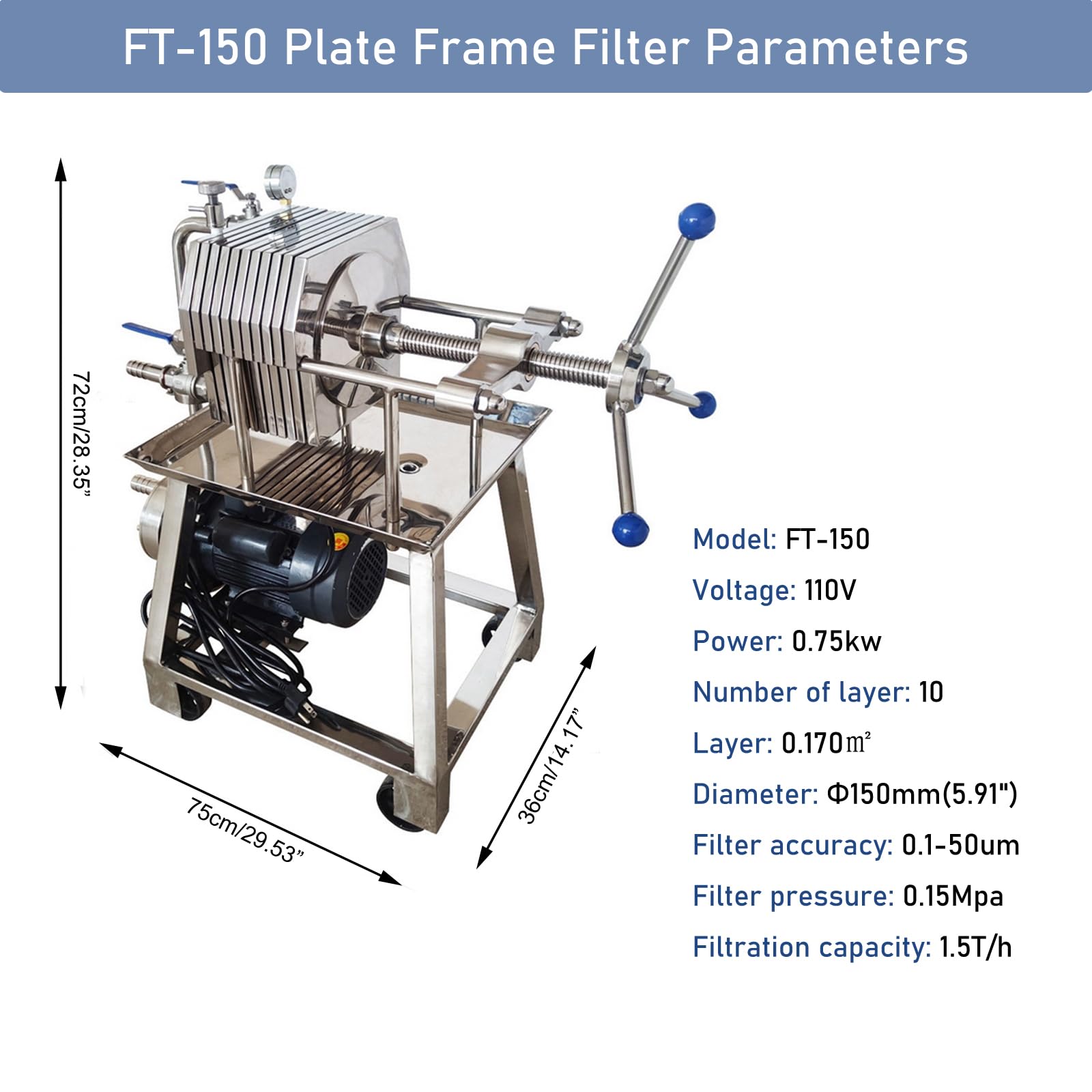 INTSUPERMAI FT-150 Plate and Frame Filter Disc Frame Filter Press Machine Press Filtration Machine Stainless Steel Slag Pressure Filtration Machine With 10 Pieces Filter Plate 0.75KW, 110V