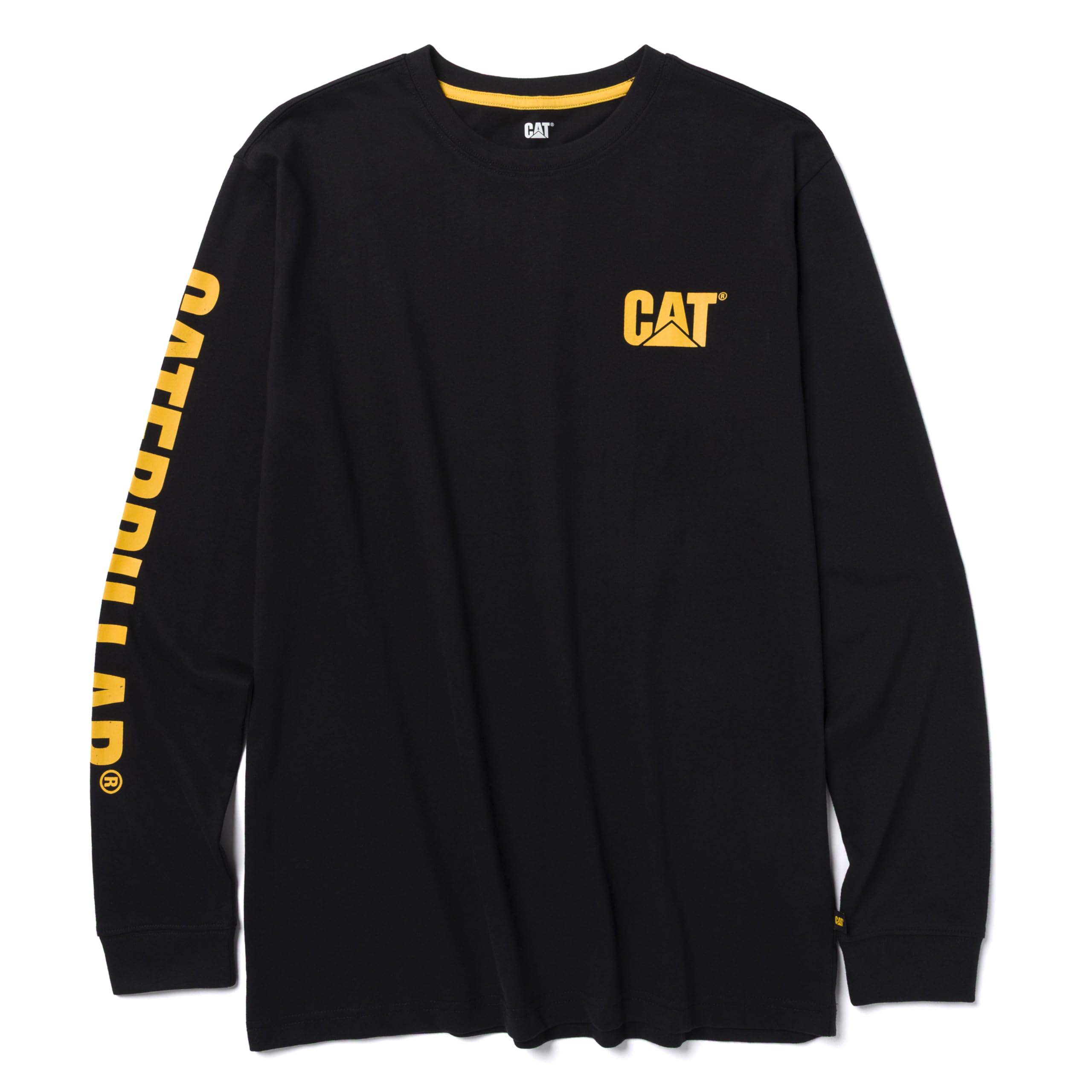 Caterpillar Trademark Banner Long Sleeve Tee Shirts for Men with Center Back Neck Wire Management Loop and Cat