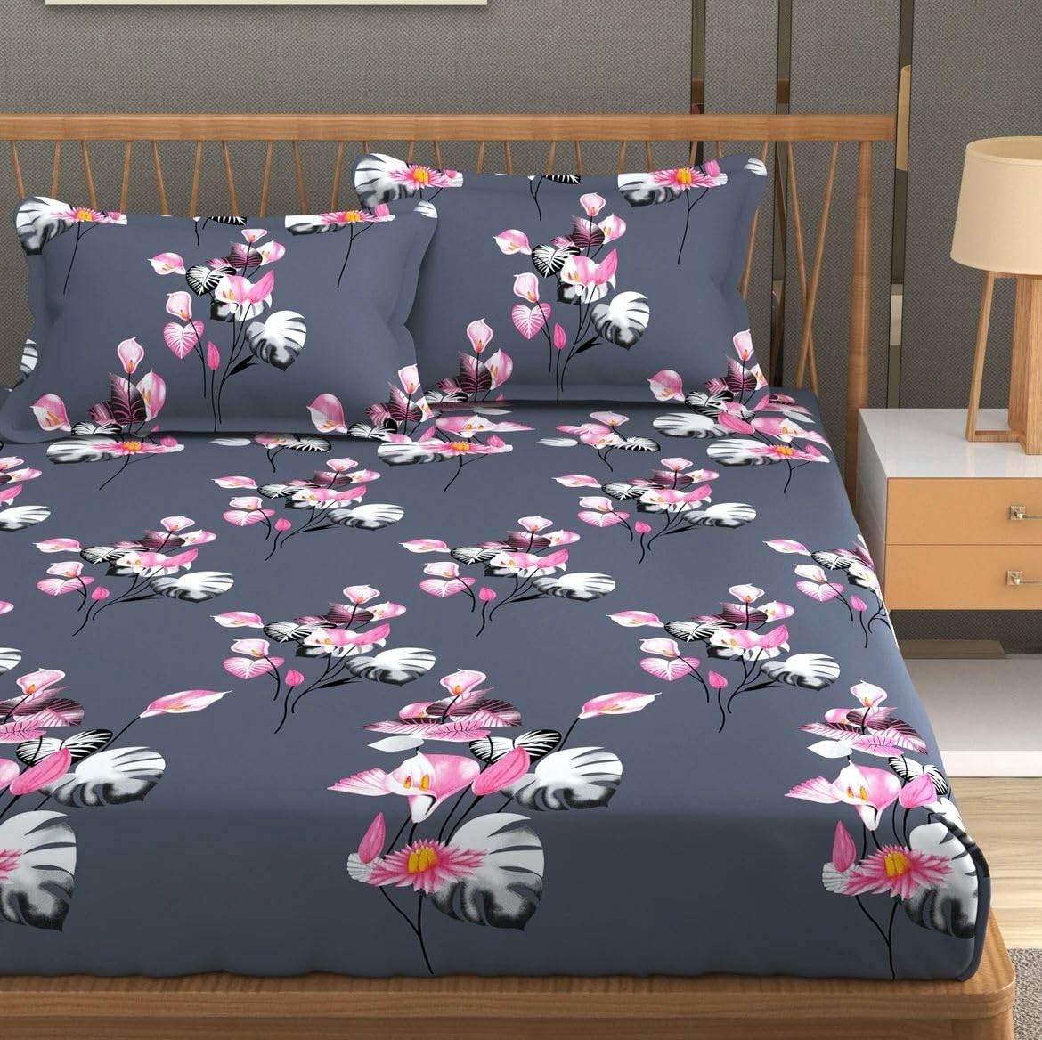 Geeta Homes New Town Cotton Feel Glace Cotton Elastic Fitted Printed Queen Size Double Bed Bedsheet with Matchig 2 Pillow Covers Fits Upto 8 Inches Mattress Size Safari 1318