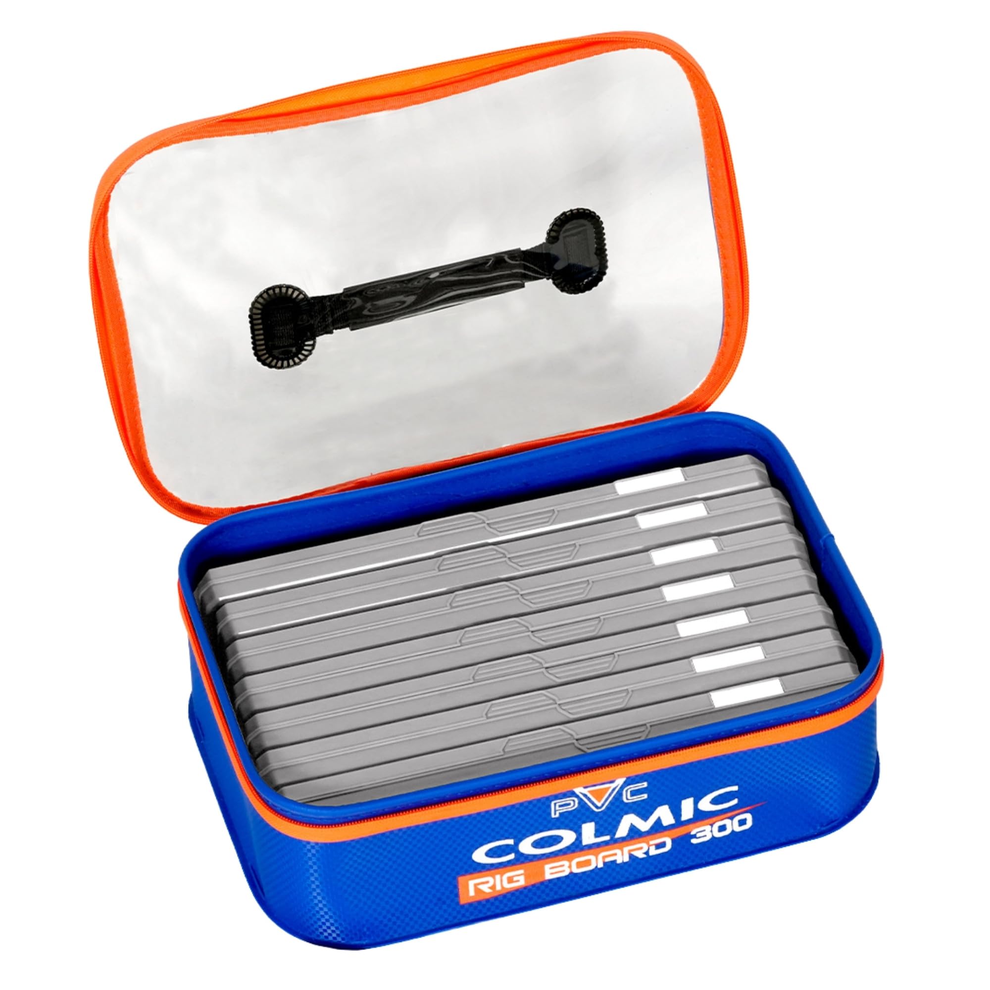 Colmic Wasserdichte PVC-Rig Board Box - EVA Rig Tasche mit transparentem Deckel, Anti-Shock Griff - Kompatibel mit 15 cm und 30 cm Rig Board, Blau und Orange, RIG BOARD 300, Wasserdichte