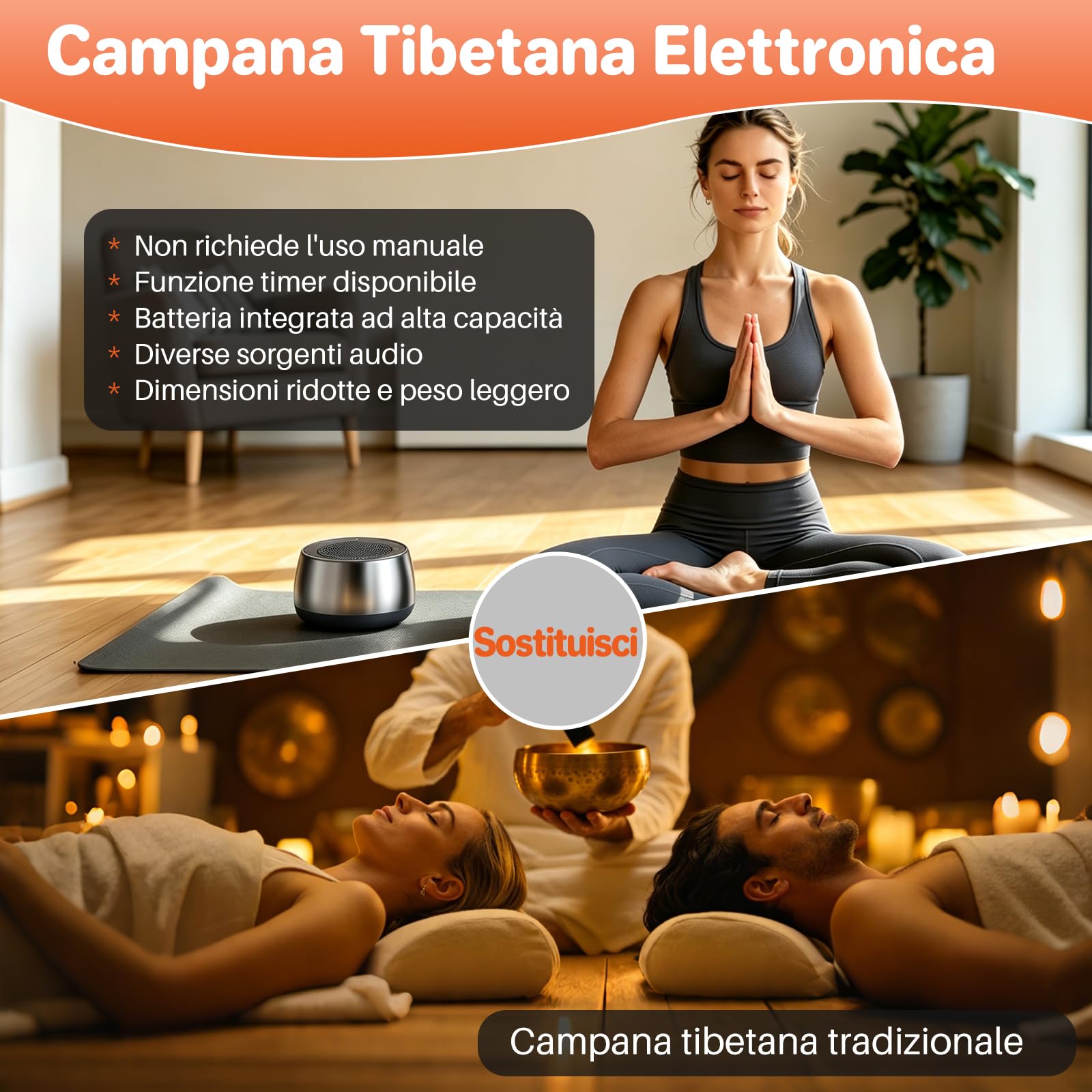 FUNYKICH Campana Tibetana Elettronica,9 Suoni,con Funzioni di Timer/Memoria | Suoni Campane Tibetane con 28 Livelli di Volume,Ricaricabile,Custodia Inclusa per Casa, Yoga e Viaggio