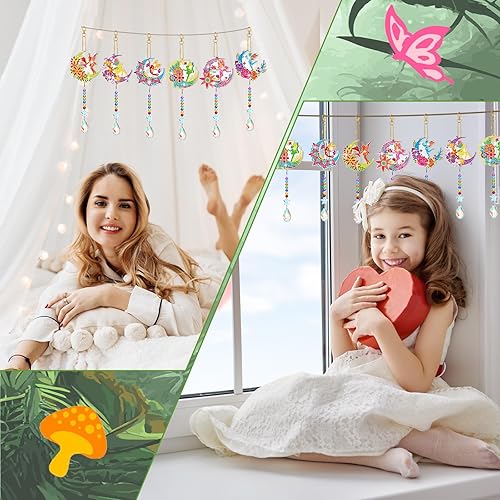 Miniatura 7 de Tradder Juego de 6 carillones de viento de cristal de viento de pintura de diamante 5D, adornos de elfo de doble cara con colgante de cristal para