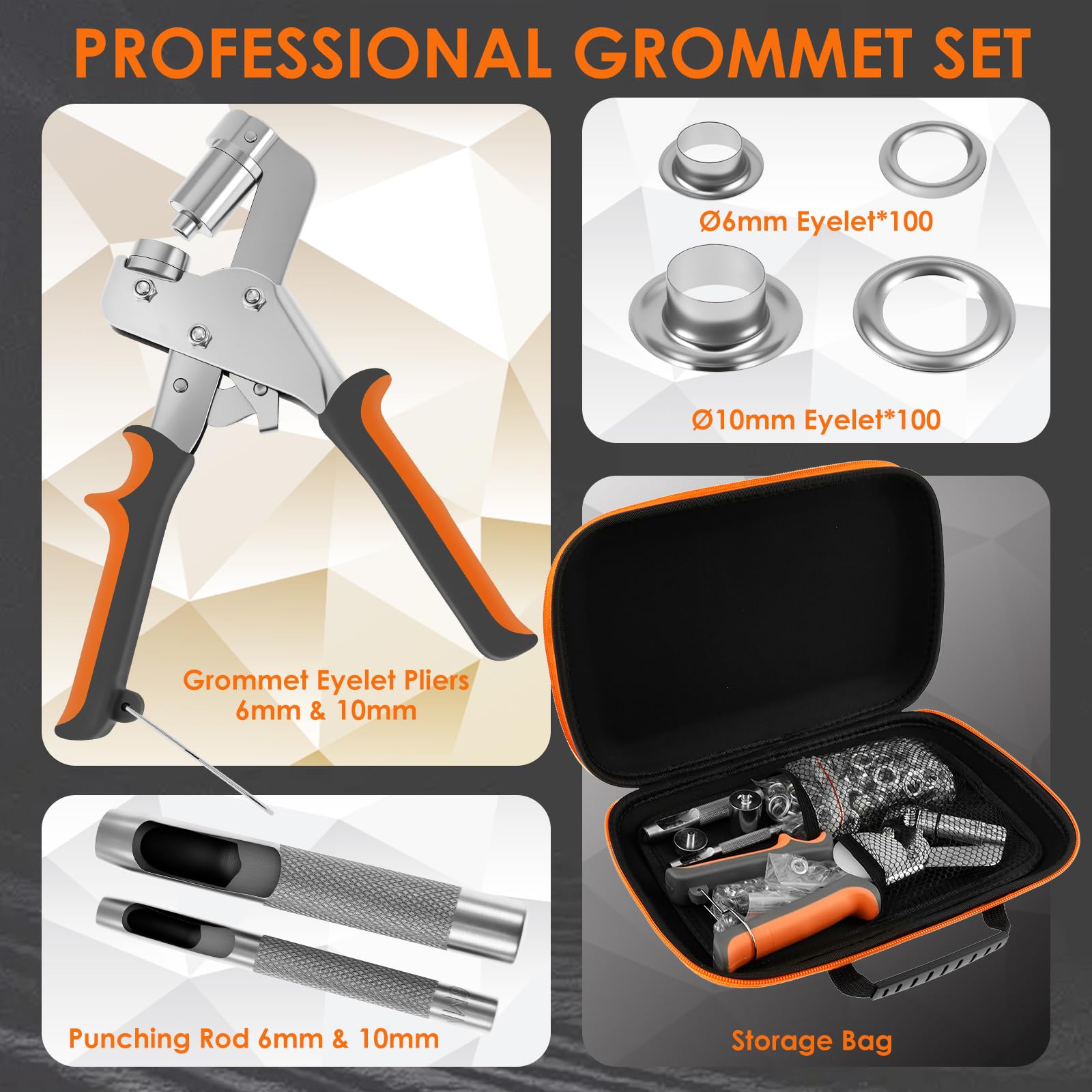 Set de pince à œillets professionnelle, Presse à œillets magnétique avec 200 œillets inoxydables (100 pièces Ø6mm et 100 pièces Ø10mm), Pince à œillets avec tête de découpe interchangeable pour