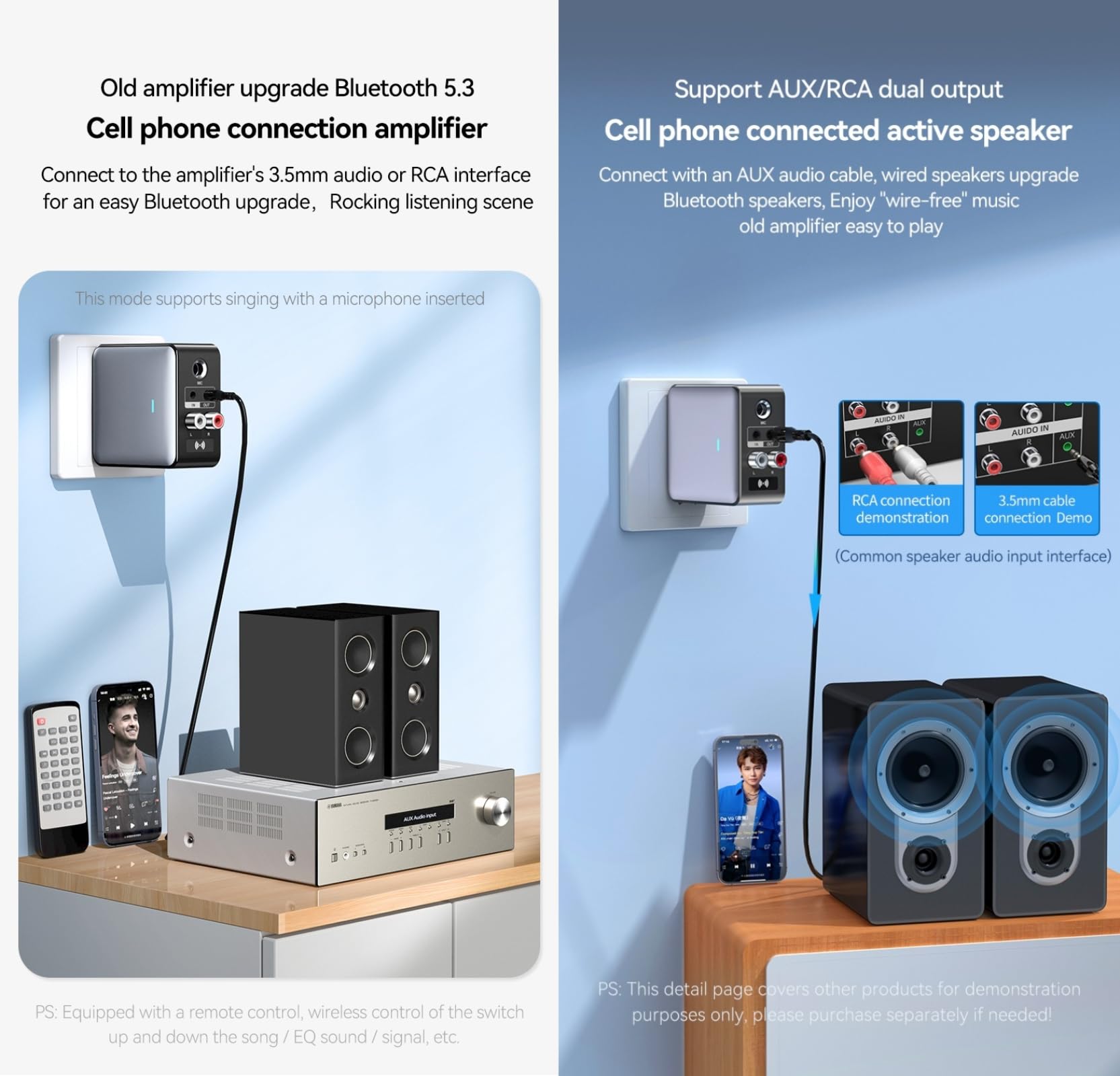 Adattatore audio Bluetooth Bluetooth 5.3 Ricevitore Trasmettitore Ricarica Microfono Canto 4 in 1 con Connessione AUX da 3,5 mm, RCA, Microfono da 6,5 mm per Cuffie,TV,Lettori