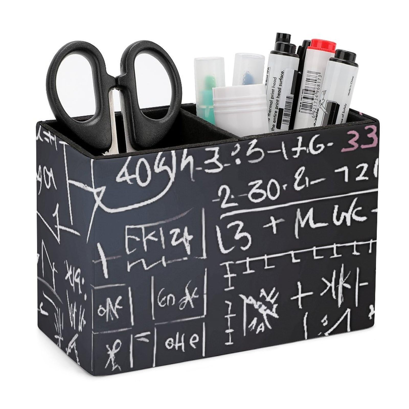 LZQPOEAS Exquisite Patterns PU Leather Pen Holder, Multifunctional Desktop Organizer Caddy with 2 Compartments, Math Formula Pencil Cup Makeup Brush Holder for Office Home