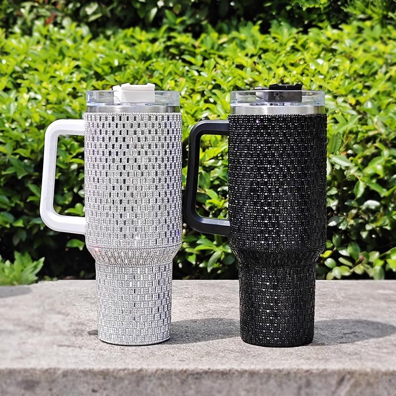 40 Oz Rhinestone Stainless Steel Tumbler With Handle & Straw Vacuum Insulated Bling Cup Made Premium Rhinestones, Metal Travel Coffee Mug, Bling Reusable Water Bottle -White