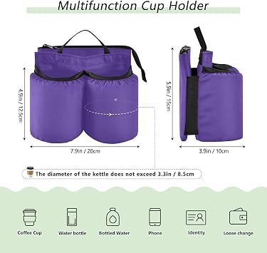 DOMIKING Dark Purple Travel Luggage Cup Holder for Suitcase Free Hands Drink Carrier with Storage Pockets for Coffee Mugs Bottles