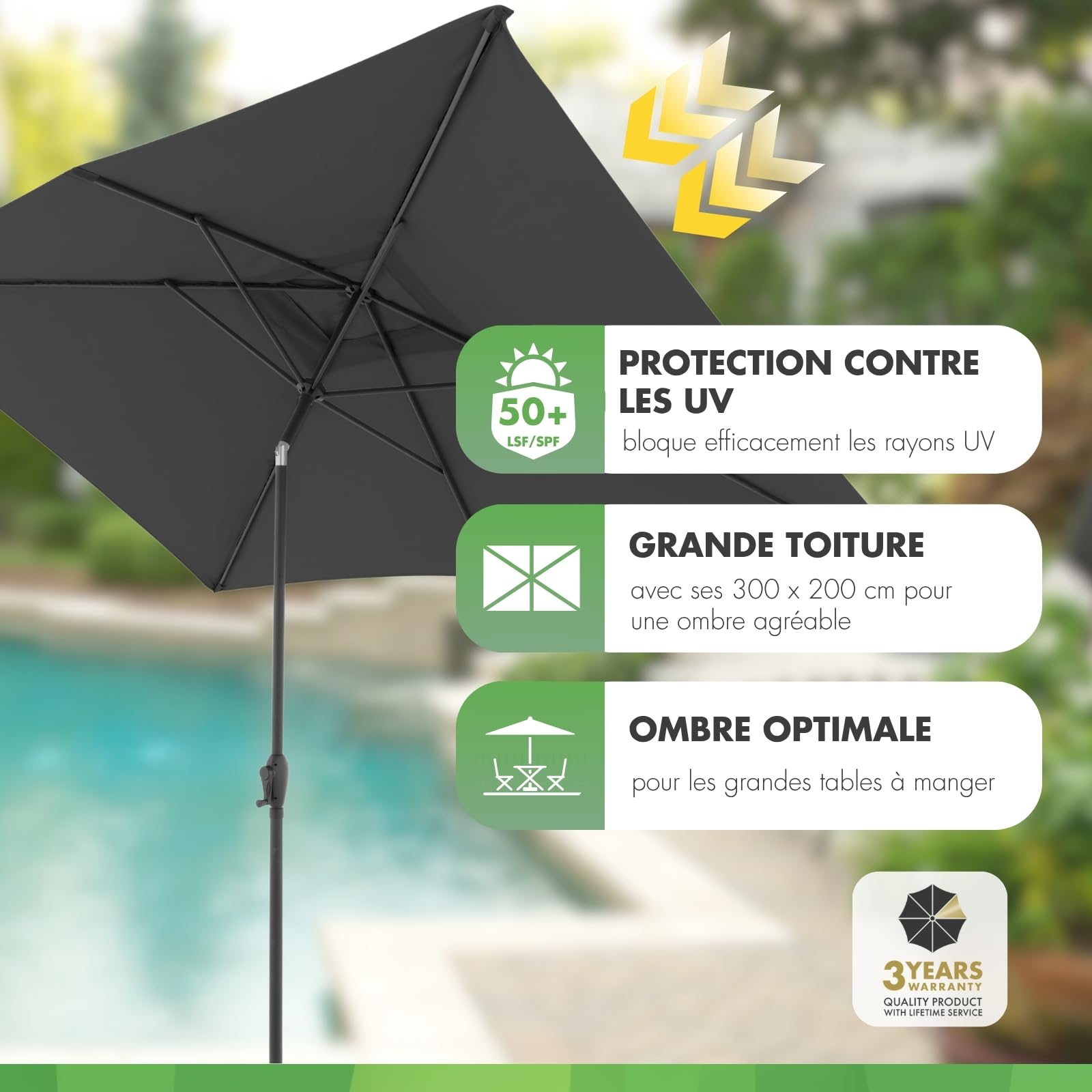 Doppler Parasol Jack 300x200cm gris foncé - rectangulaire pour balcon & terrasse - pliable - à manivelle - de jardin basculant