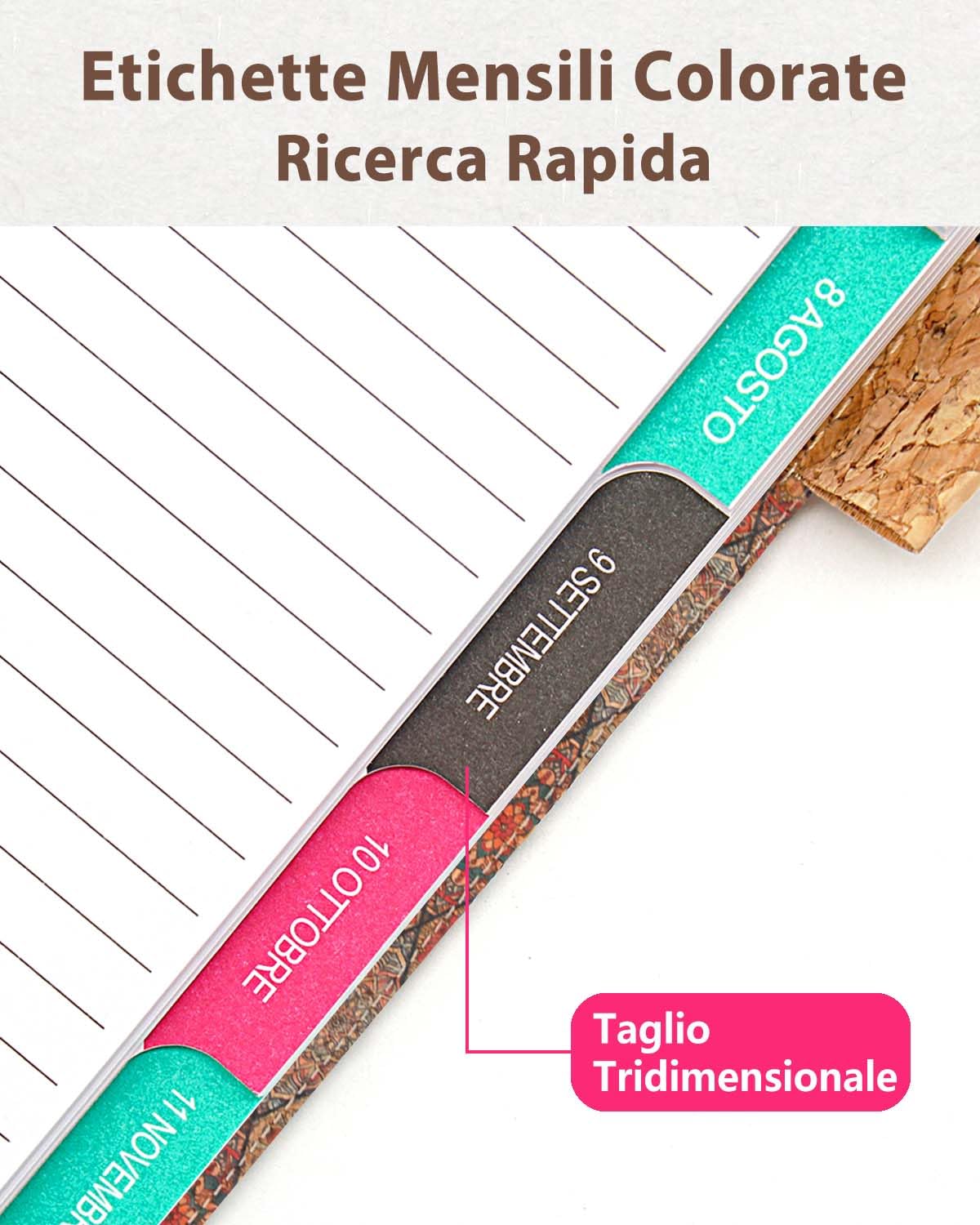 HW CASA Agenda 2025 Stampata in Stile Bohémien con Copertina Rigida,Formato A5,200 Pagine,Pelle Vegana con Venature del Legno Simulata,Etichette Mensili Colorate,Con Passante per Penna,Quadrilatero