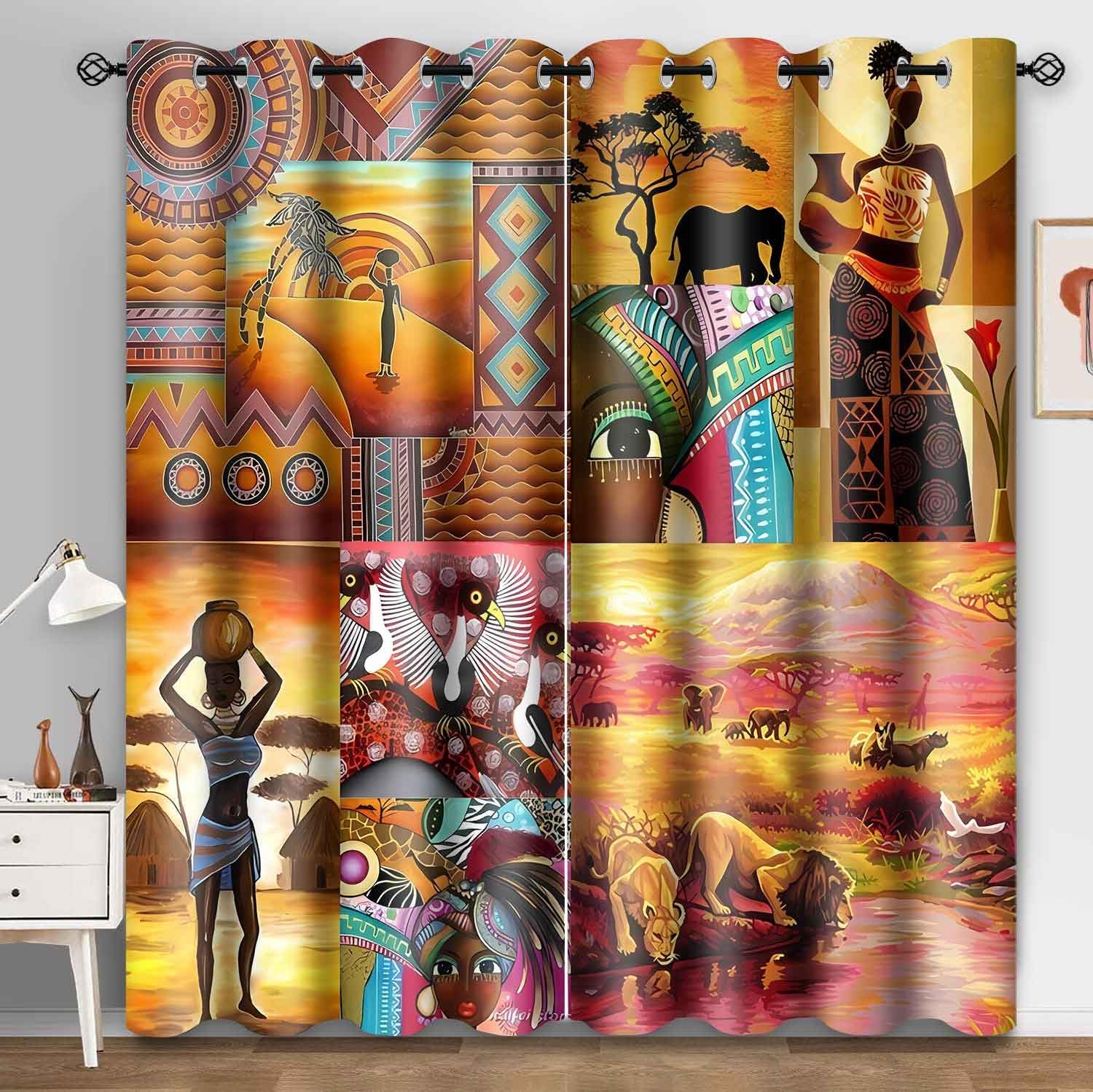 African Curtains Black African Woman Labor Ethnic Style Curtains Modern Art Patchwork Window Drapes African Savannah Lion Elephant Window Treatments for Bedroom Living Room 42x84inch CLDWMS0225