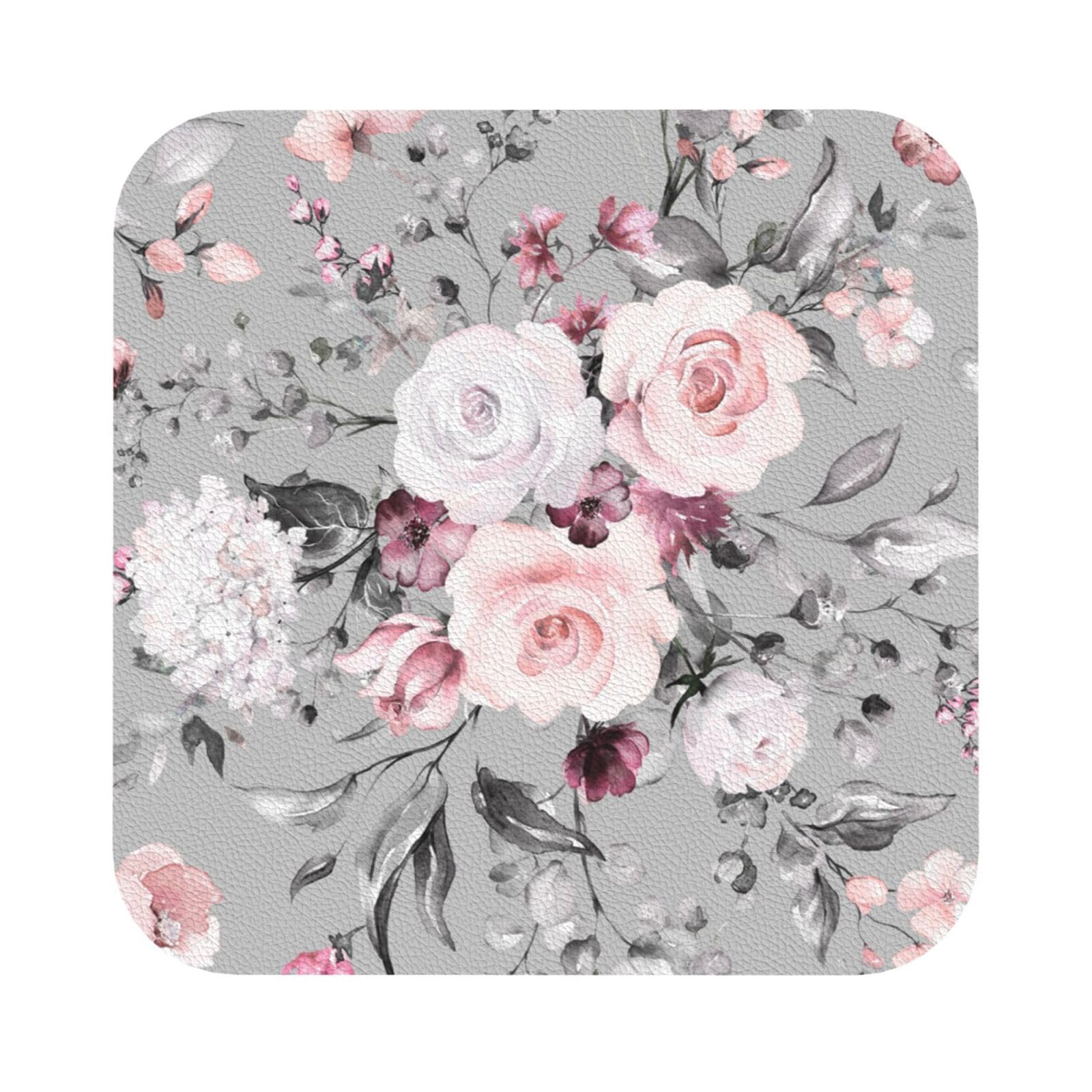 Plant Floral Flowers PU Leather Coasters Set of 6 Square Drink Coasters