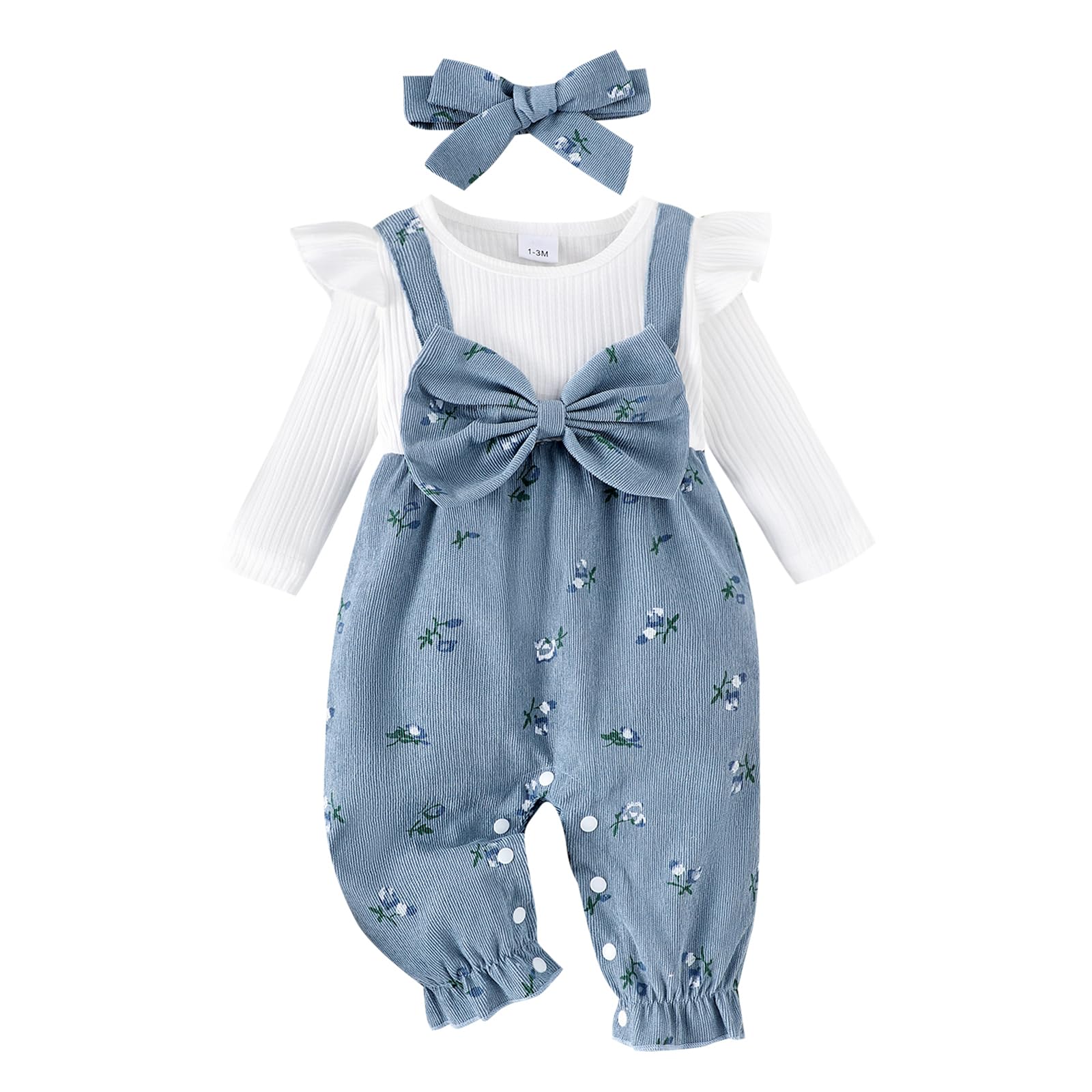 Feclmiyt Newborn Baby Girls Long Sleeve Romper Cute Floral Print Fake Two Pieces Patchwork Bow Jumpsuits And Headband Set Spring Fall Outfit (Blue, 9-12 Months)
