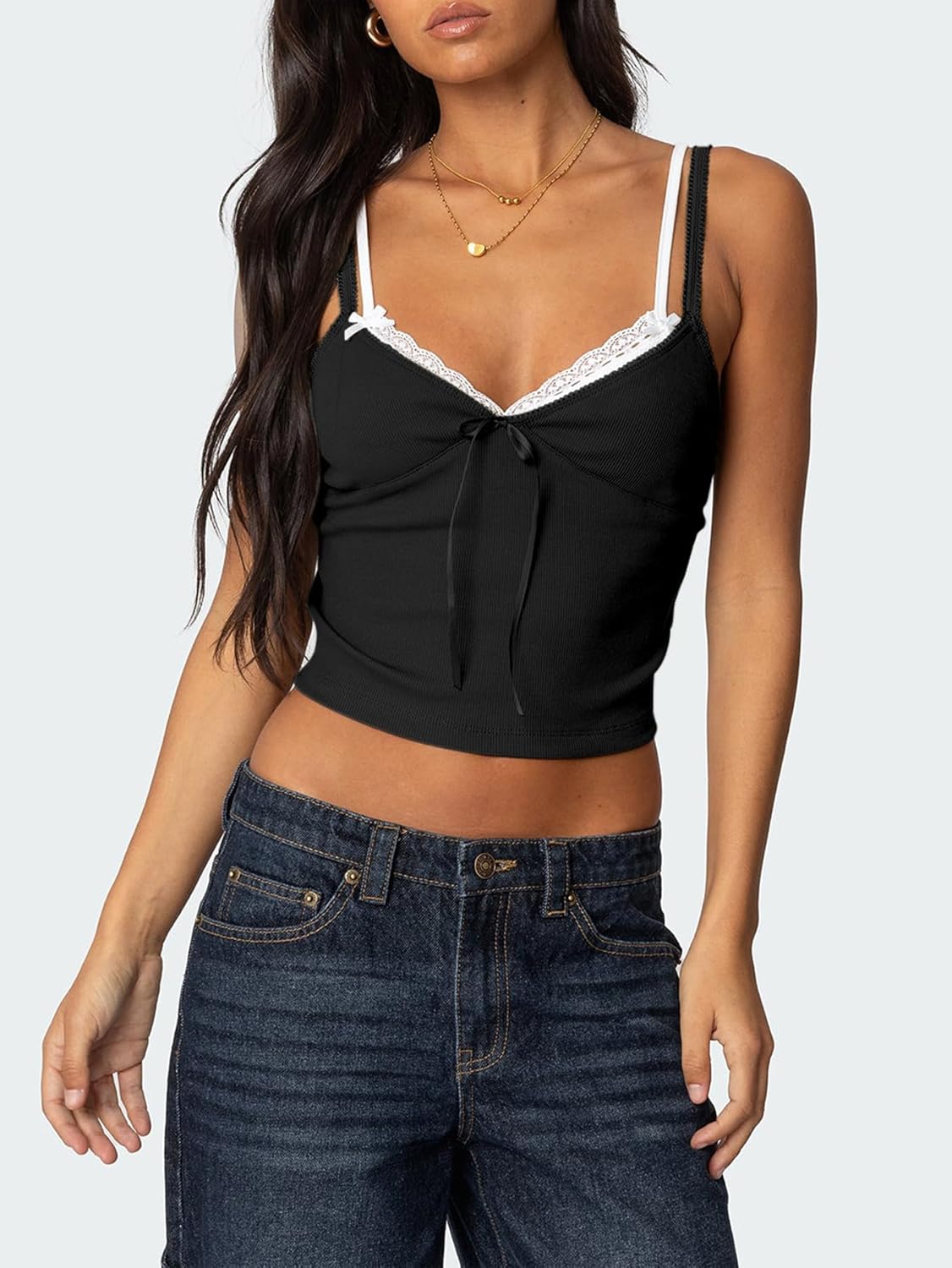 Women Lace Trim Camisole Tops Spaghetti Strap Tank Top Ribbed Knit Slim Fit Cami Shirt Bralettes - Image 3