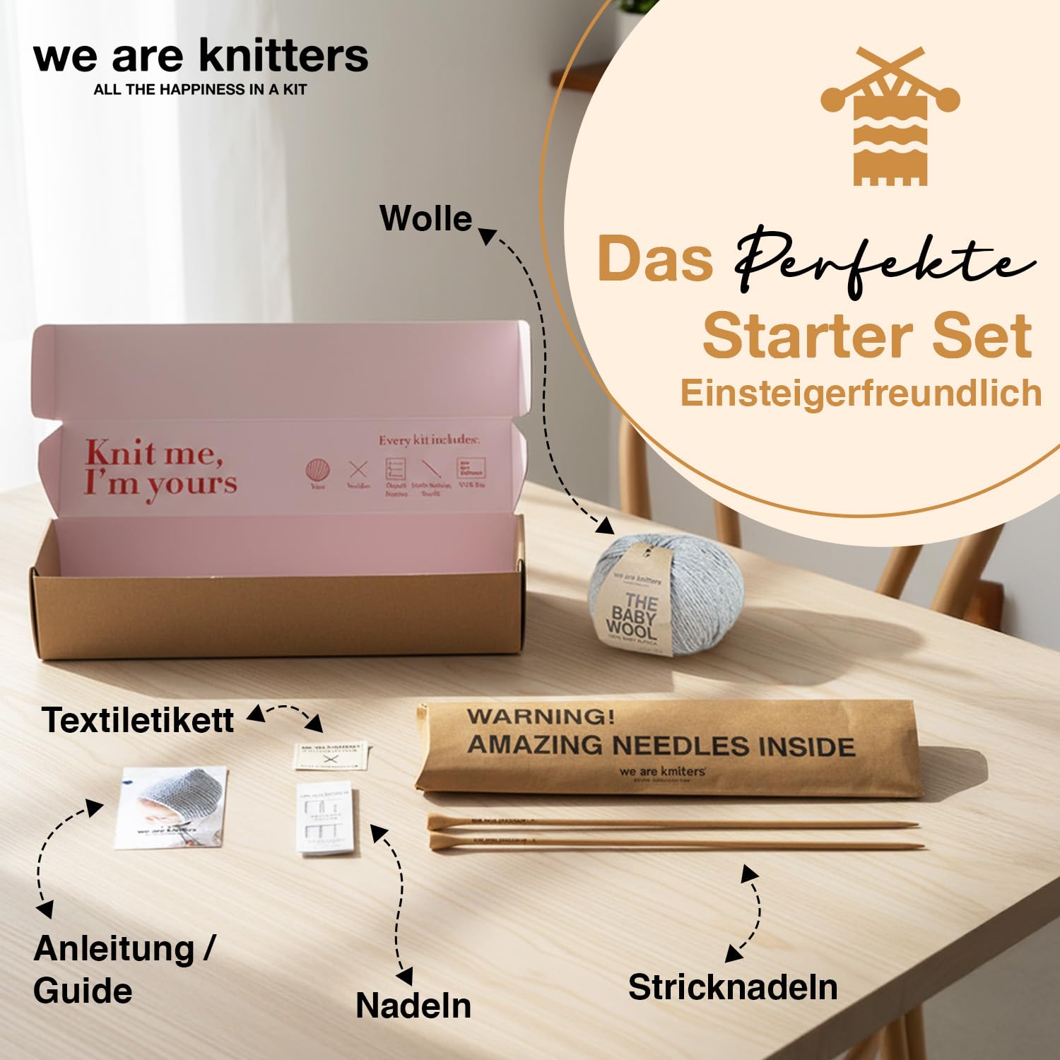We Are Knitters Titi Hood Kit – Strickset für Anfänger mit 100% Baby-Alpaka-Wolle – Komplettes Strickset mit Wolle und Anleitung – Baby Kapuze (1–6 Monate / 6–12 Monate) – Handarbeit Geschenk