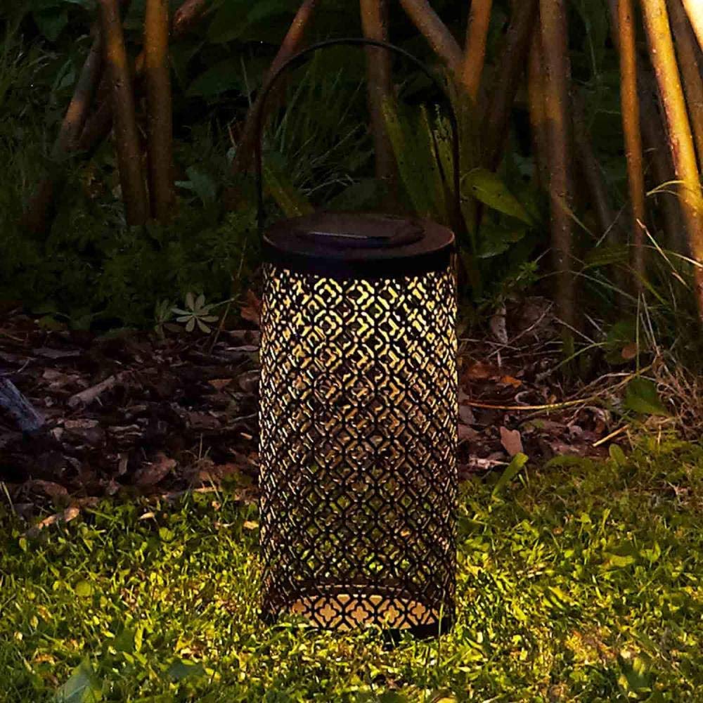 Lights4fun Inc. 10 Black Metal Solar Powered LED Outdoor Moroccan Table Lantern