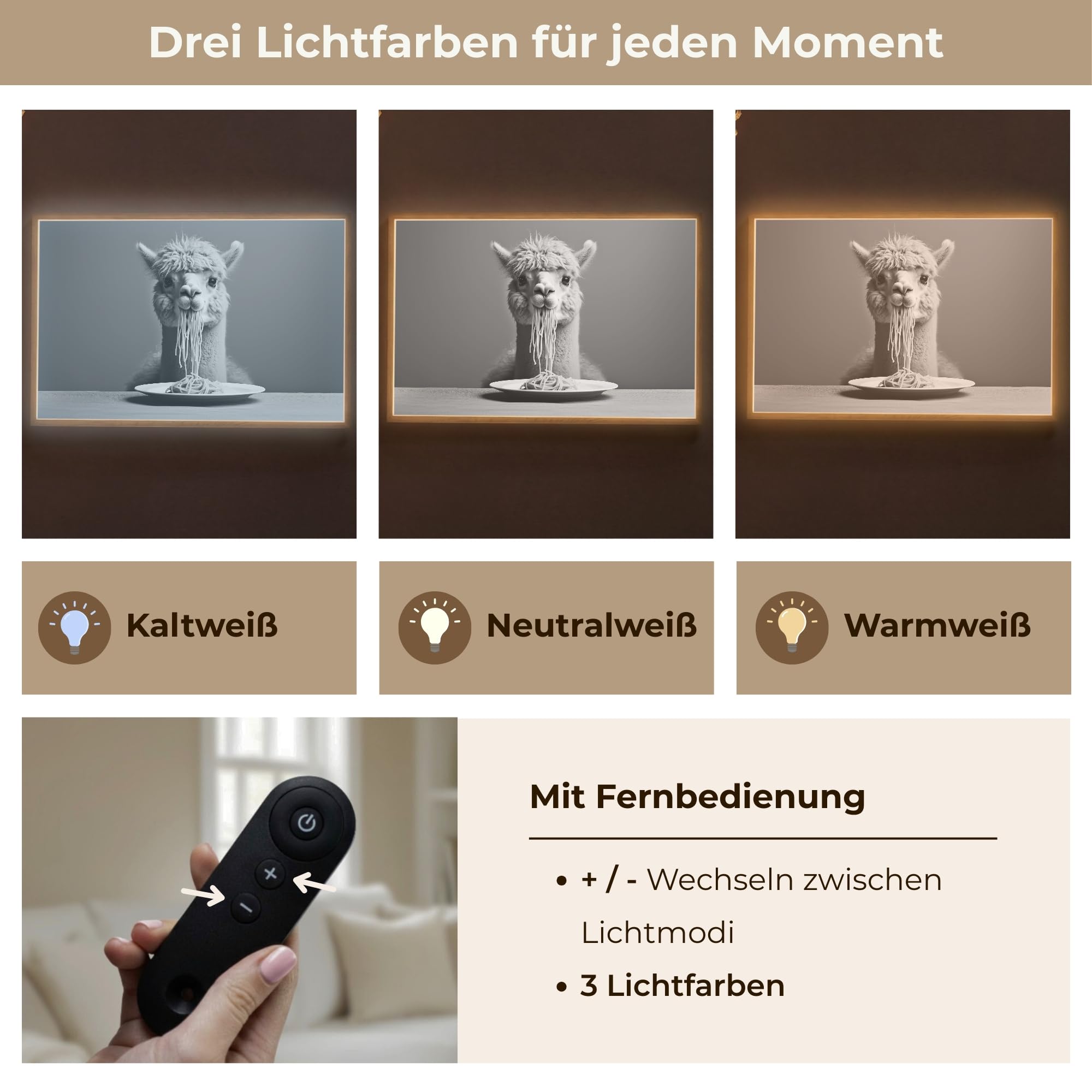 Wandleuchte Nachtlicht 100x70 cm Aufladbar Dimmbar Innen Nachtlampe Wandmontage LED Wandlampe Nachttisch Wall Lamp Licht Wand Alpaka - Nudeln - Schwarz - Weiß - Lustig - Tiere
