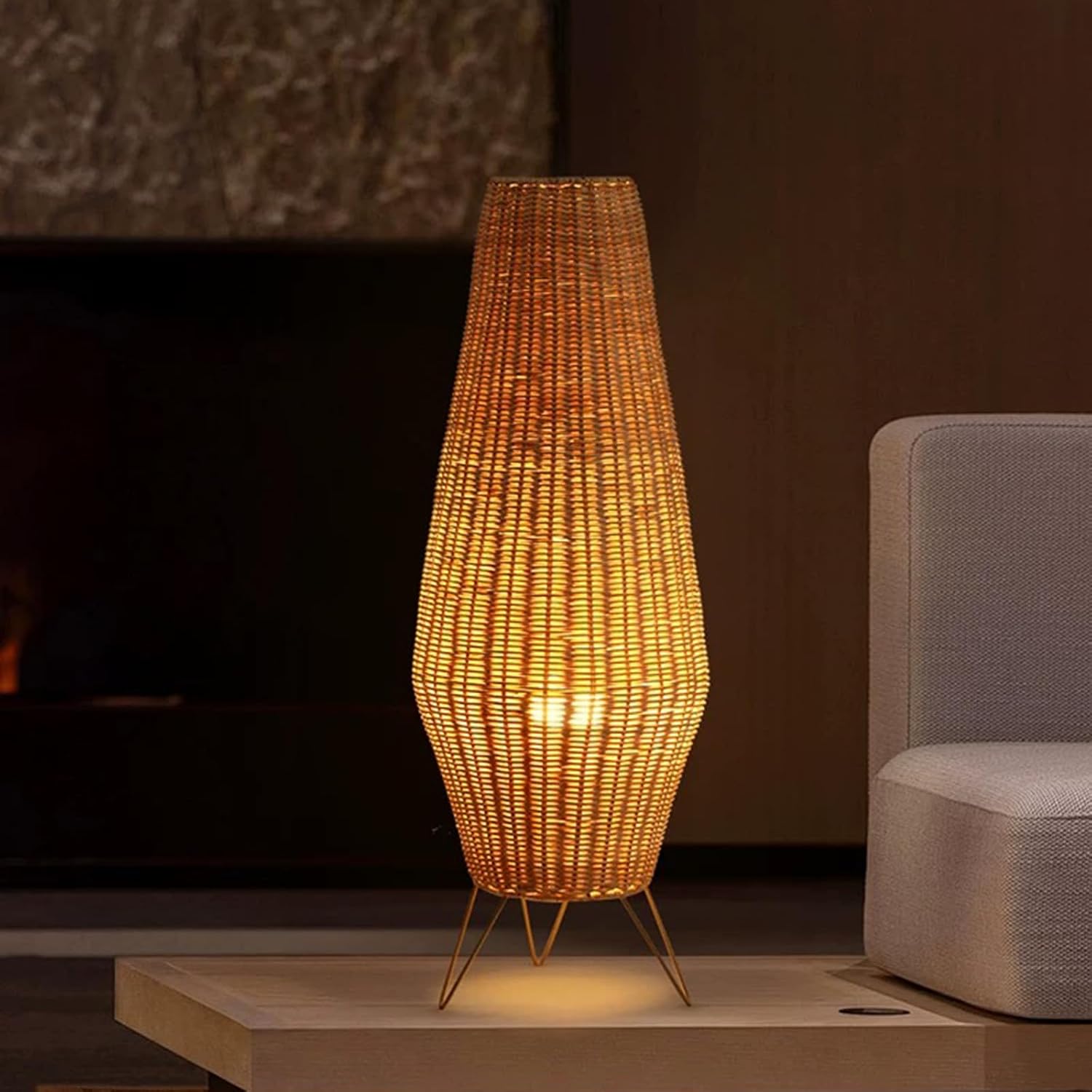 Bofea-Boho Floor Lamp for Living Room,Retro Standing Lamps with Rattan Lamp Shade,Farmhouse Standing Light with Foot Switch,Hand-Woven Bamboo Floor Lamps for Bedroom Kids Room Home Decor