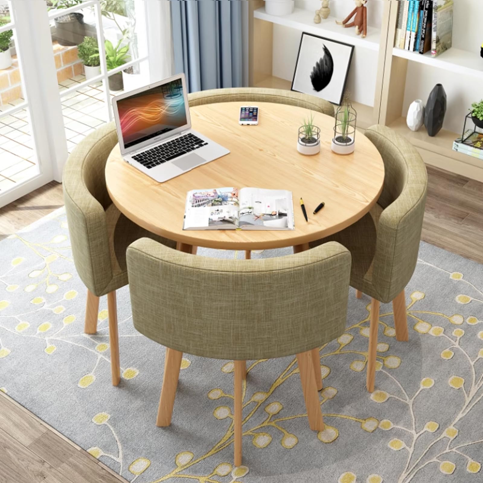 Round Kitchen Dining Table Set for 4, Space Saving Table and Chairs Set with Thick Tabletop 4 Upholstered Chairs, Dinning Room Modern Casual Coffee Table Set(D 31.5inch/80cm, Khaki)