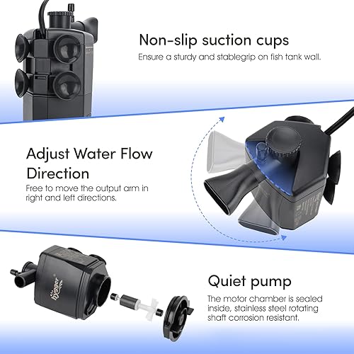 Miniatura 5 de hygger Filtro de alimentación sumergible para acuario de 170 GPH para 15-30 galones Filtro interno de esquina de pecera con esponja de bola