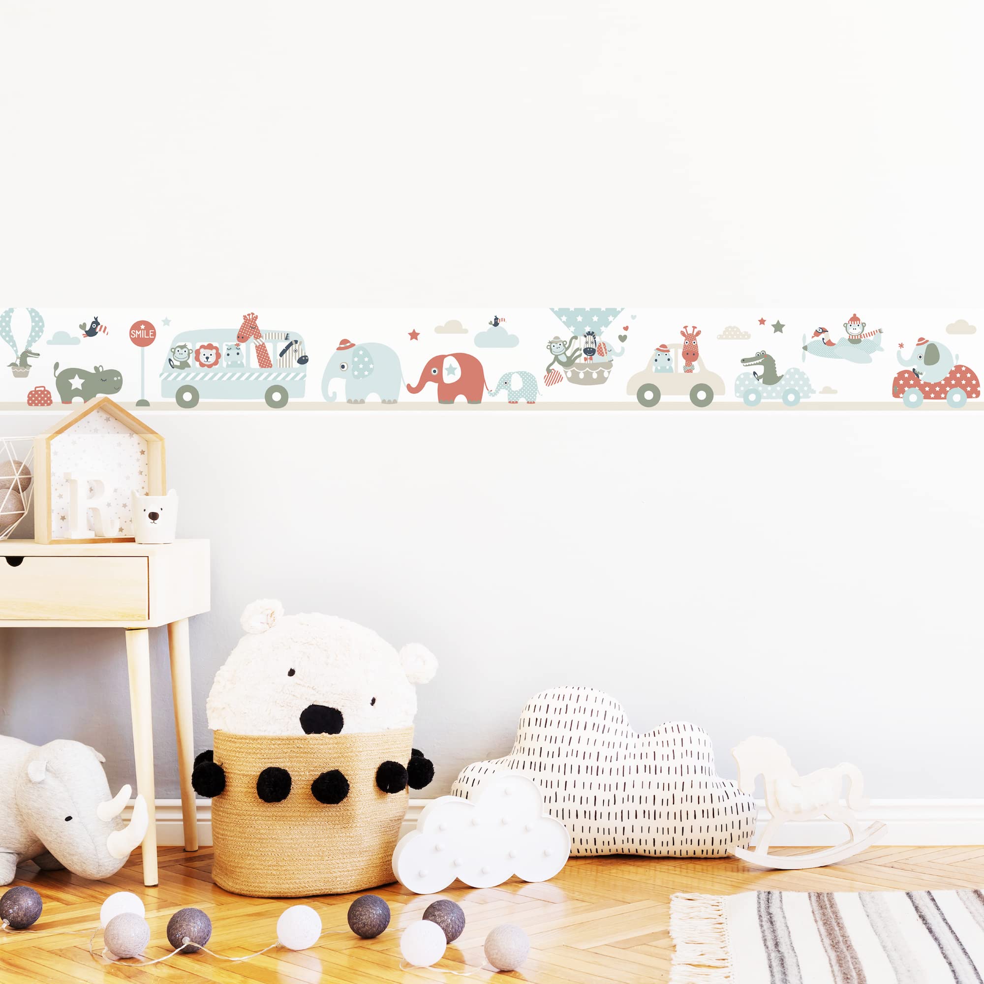 Bordüre selbstklebend TIERE ON TOUR MINT ROT BEIGE - Wandbordüre Kinderzimmer Babyzimmer mit Elefant im Auto - Wandtattoo Schlafzimmer Mädchen & Junge – Wanddeko Baby Kinder