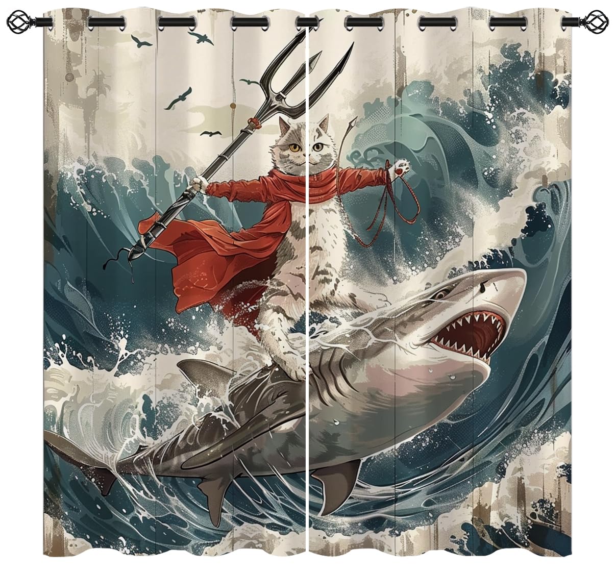 Funny Cat Blackout Curtains for Girls Boys Kids Home Decor, Cartoon Riding Whale Shark Ocean Wave Grommet Thermal Insulated Drapes Darkening Window Curtain for Bedroom Living Room, 42 x 45 Inch