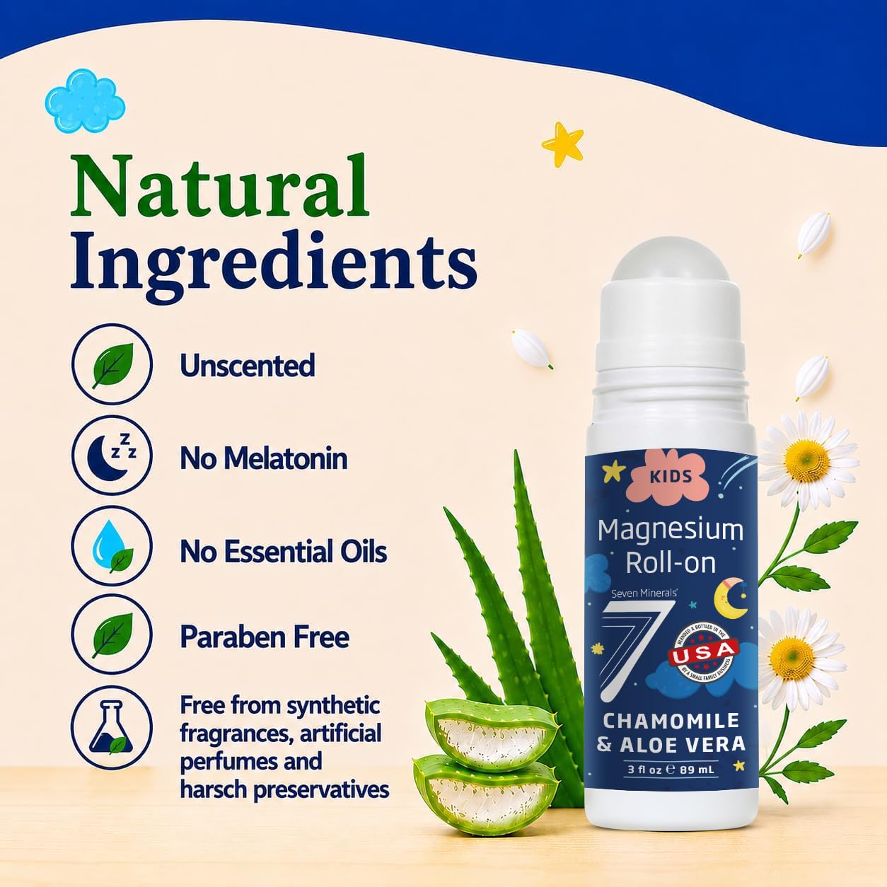 Seven Minerals Kids Magnesium Roll On for Sensitive Skin. USP Grade Magnesium Lotion for Children. Calming Bedtime Support with Chamomile & Aloe Vera, Easy Application, USA Made, 3 fl oz — Amazon image 5